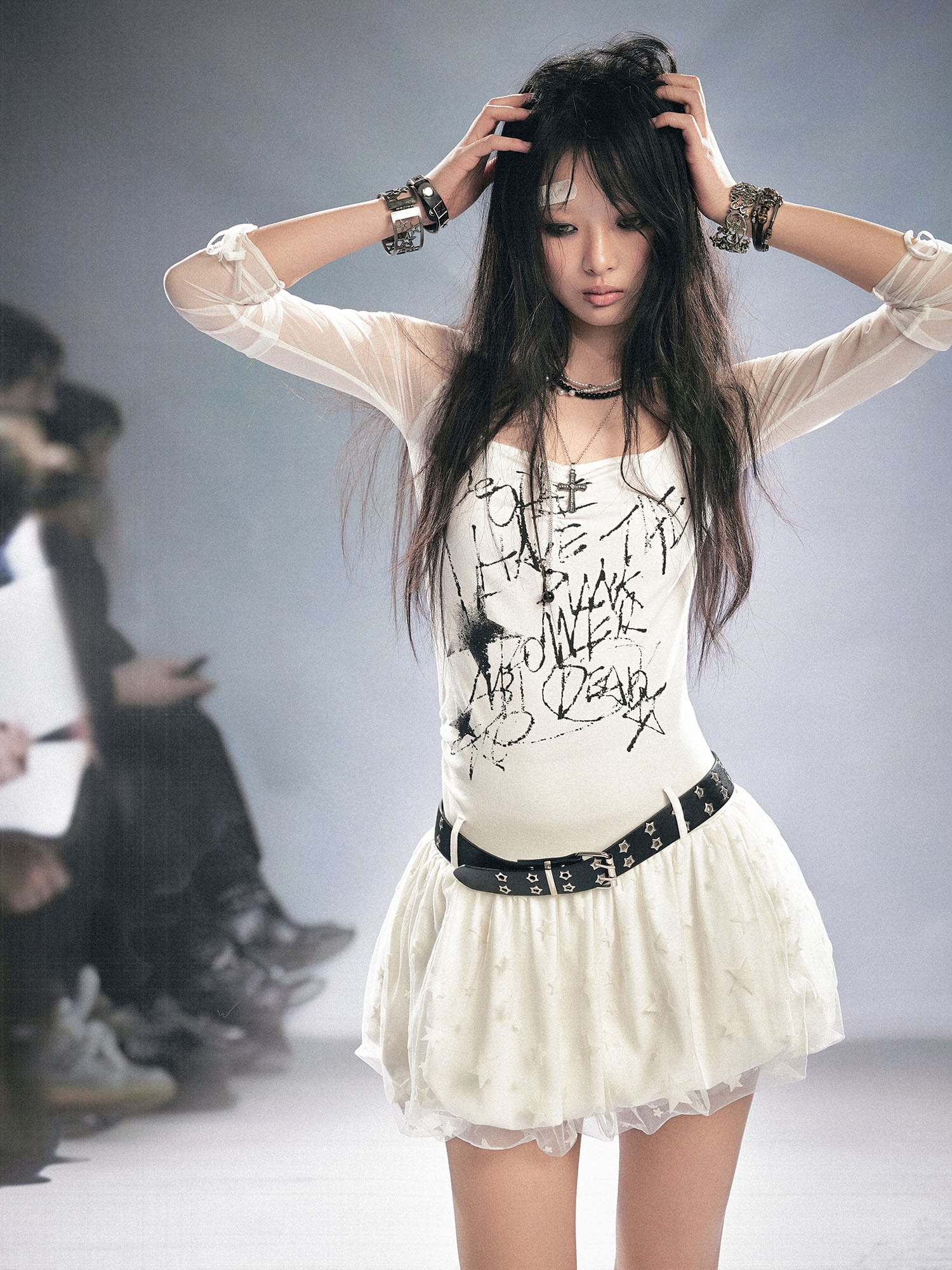 CESTNOUS Sheer-Sleeve Graffiti Mini Dress
