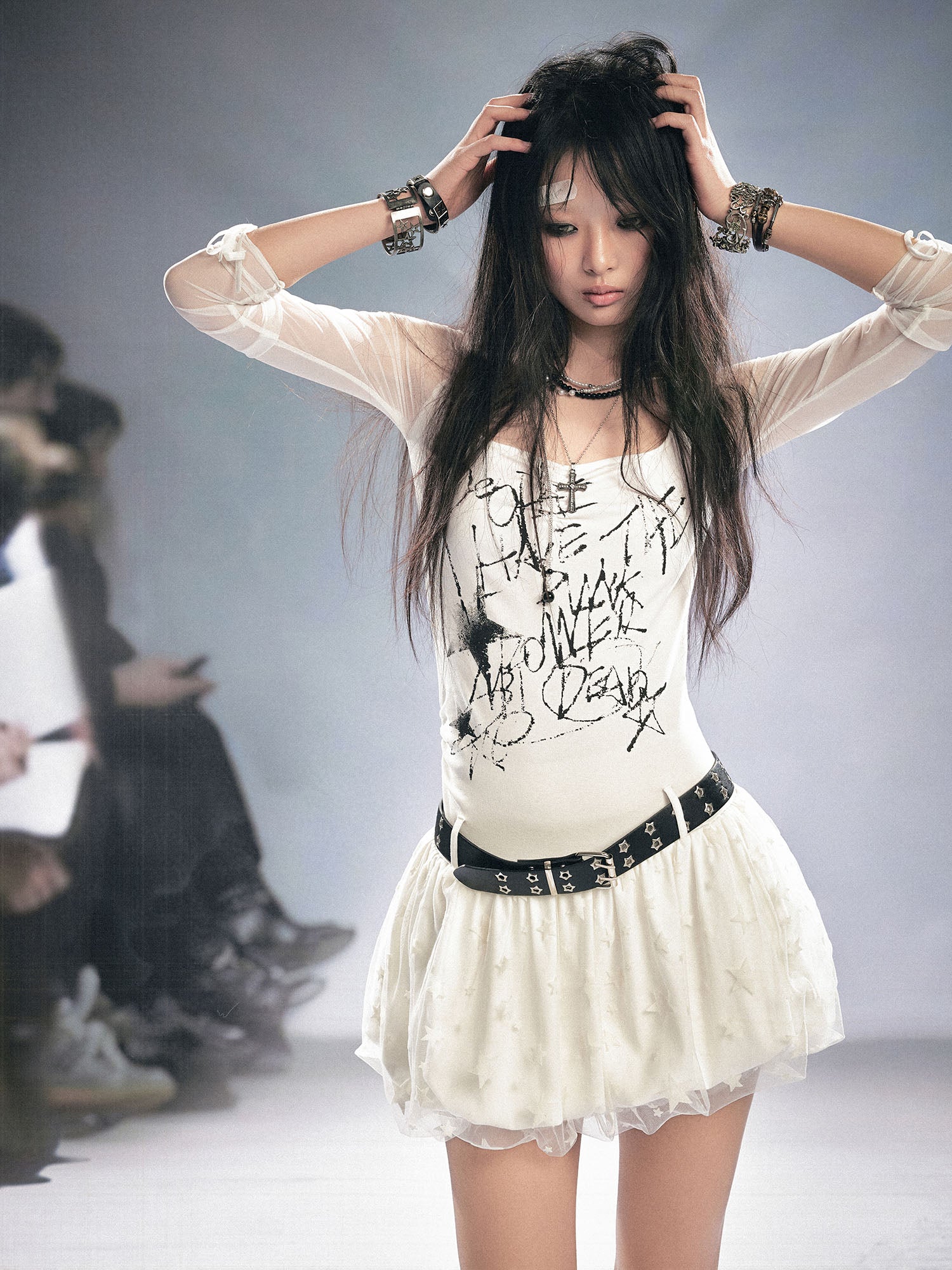 CESTNOUS Sheer-Sleeve Graffiti Mini Dress