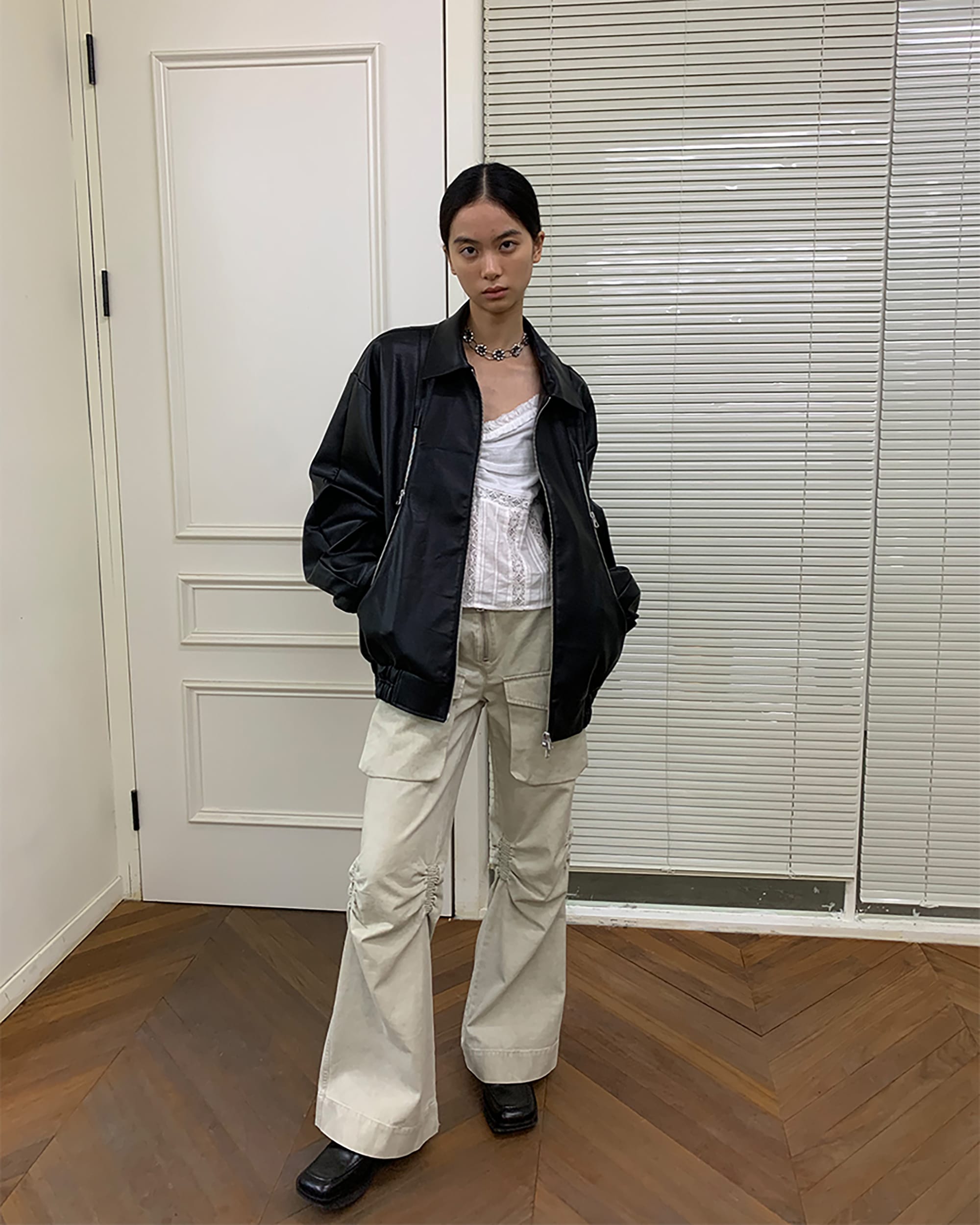 NEVERSEEZ Distressed Ruched-Knee Flared Cargo Pants