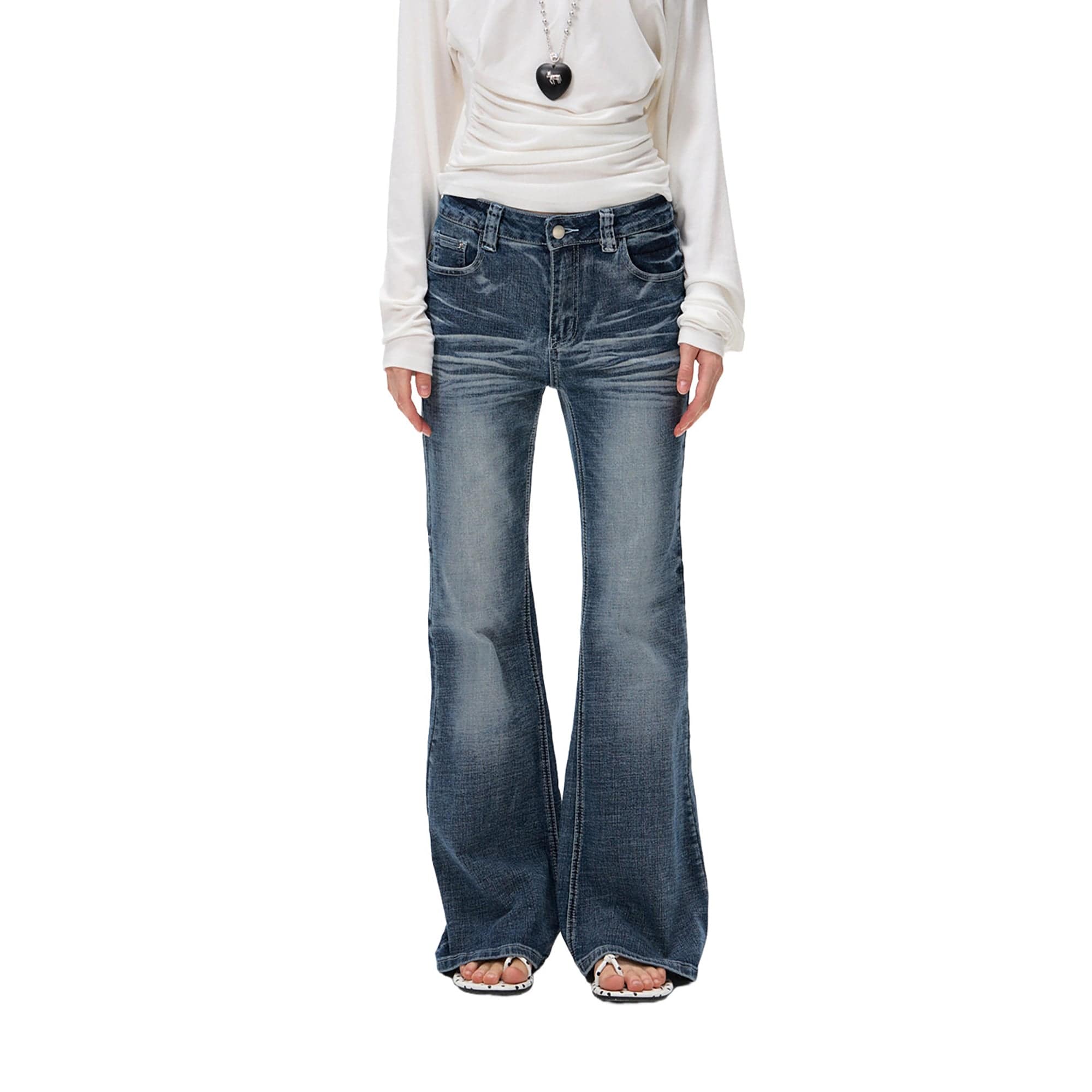 10AMSOTIIIIIIRED Retro Washed Whisker Flared Jeans