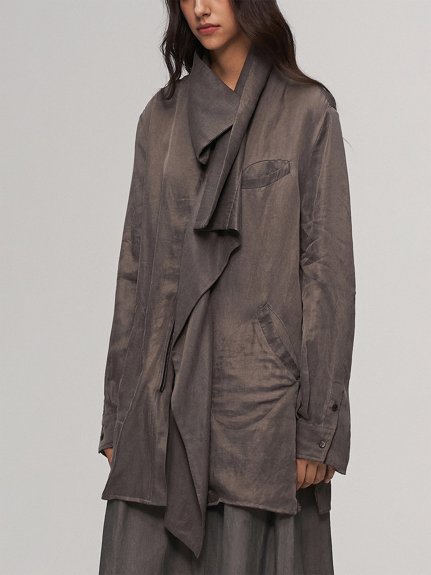 ILNya Nieternite Nifutur Asym Layered Wrap-Collar Shirt Coat Gray