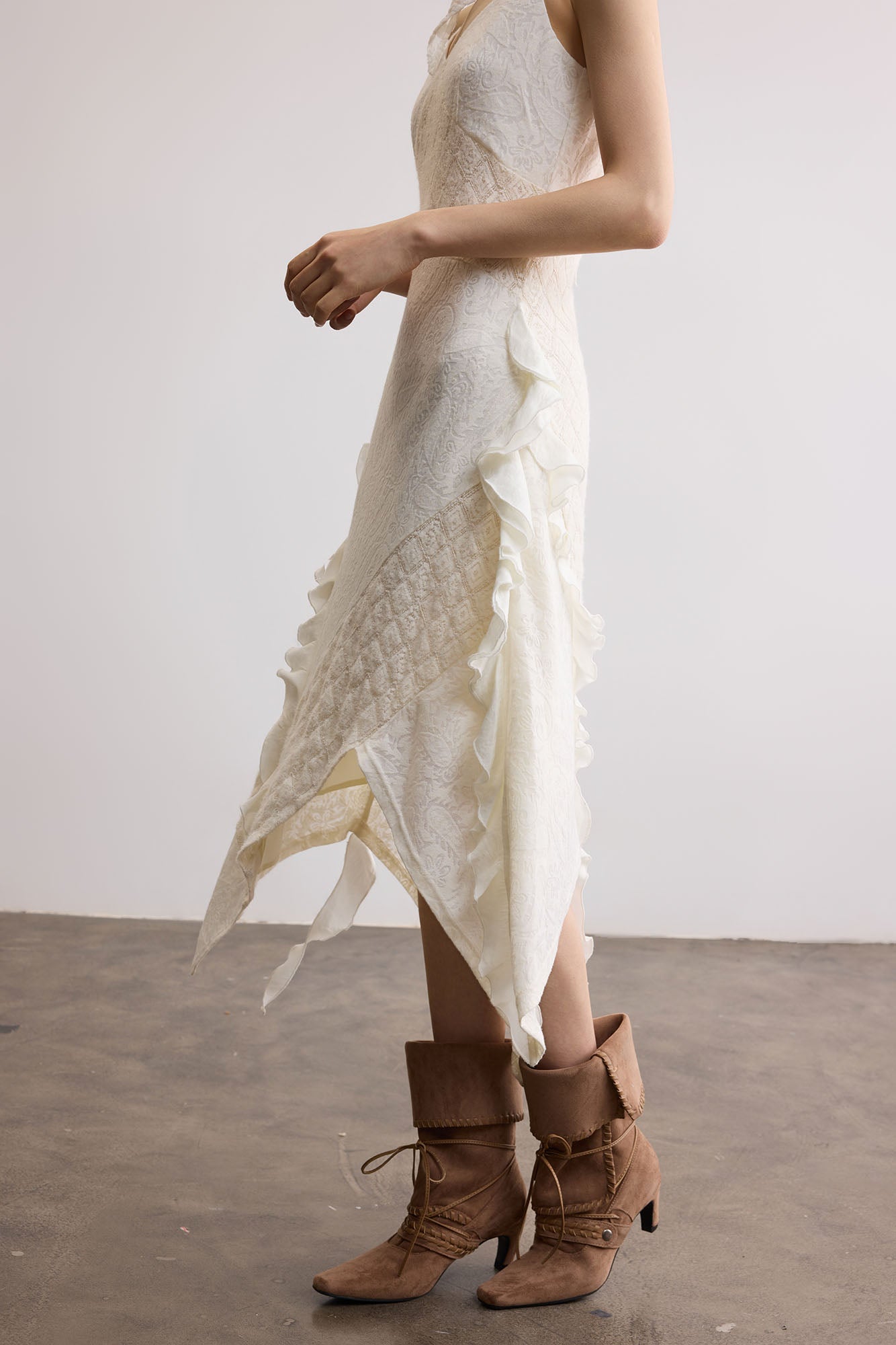 SAME FLOW Ruffle Asym Slip Lace-Panel Dress