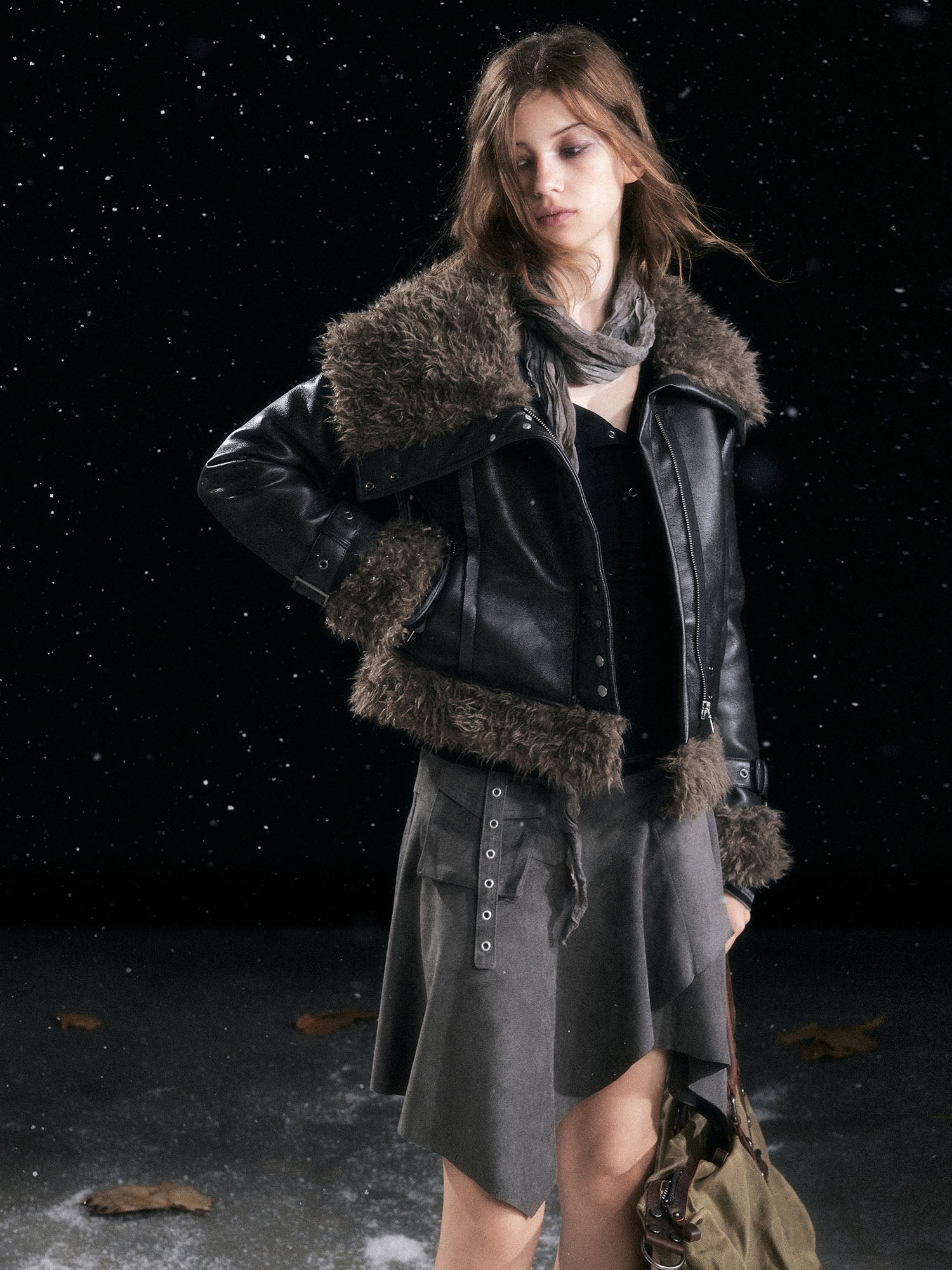 CESTNOUS Faux-Shearling Trim Faux Leather Jacket