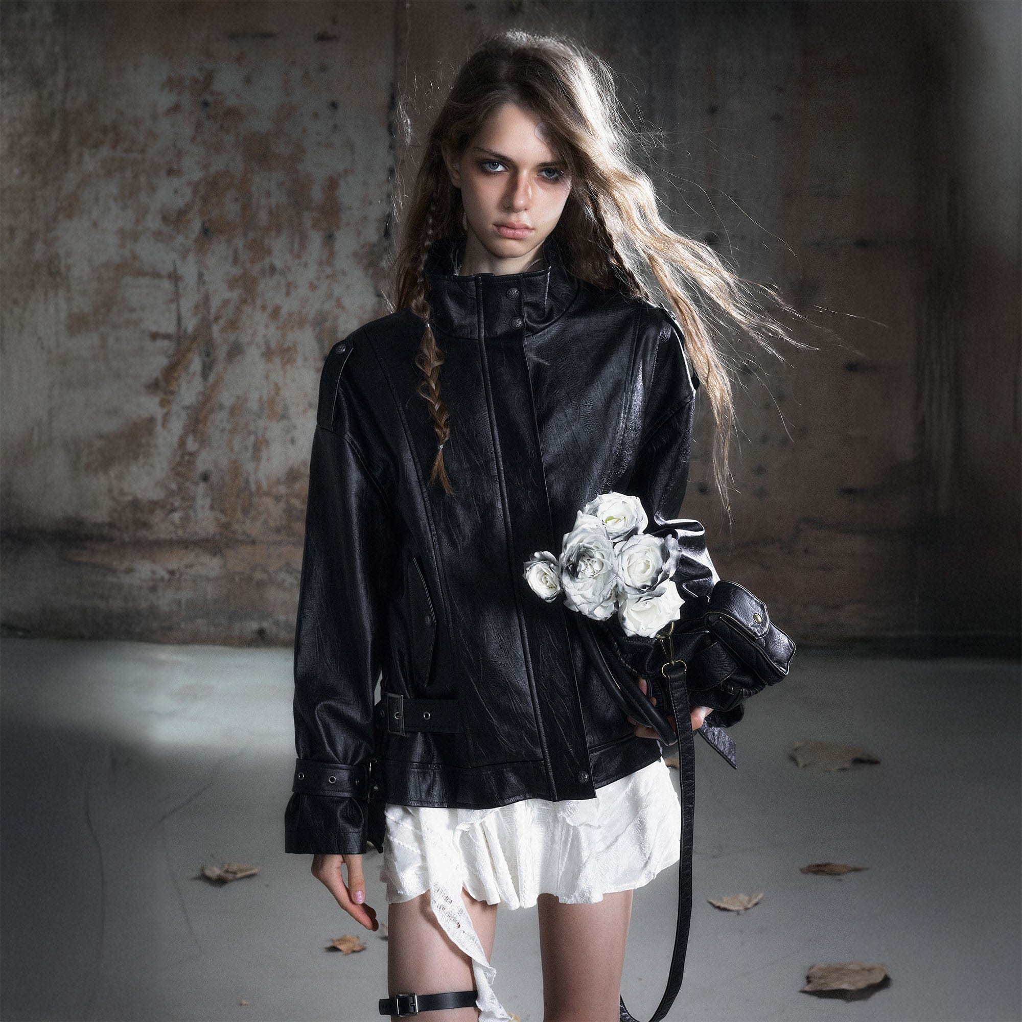 CESTNOUS Belted-Hem Faux Leather Jacket