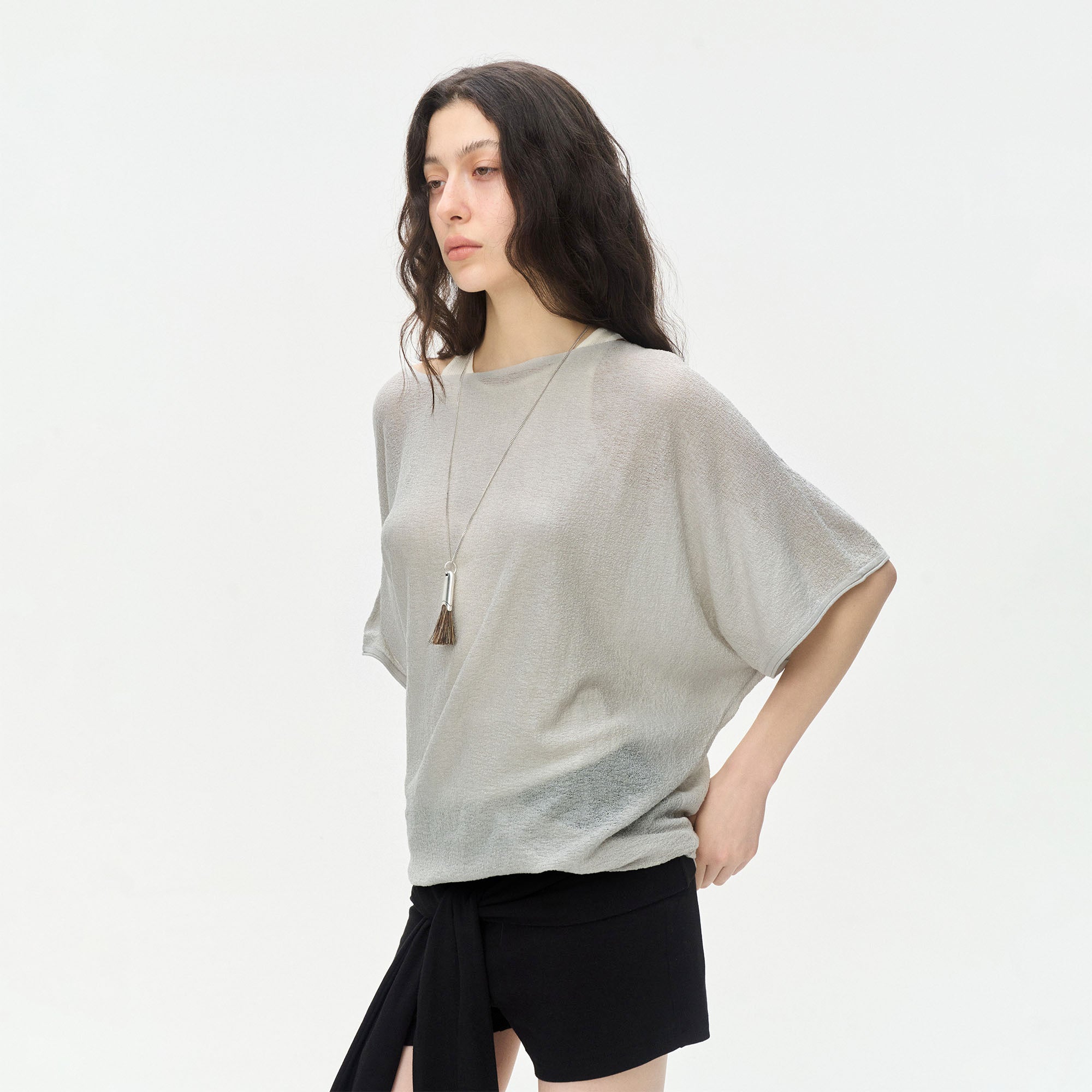 LEONSENSE Sheer Draped Batwing Knit Top
