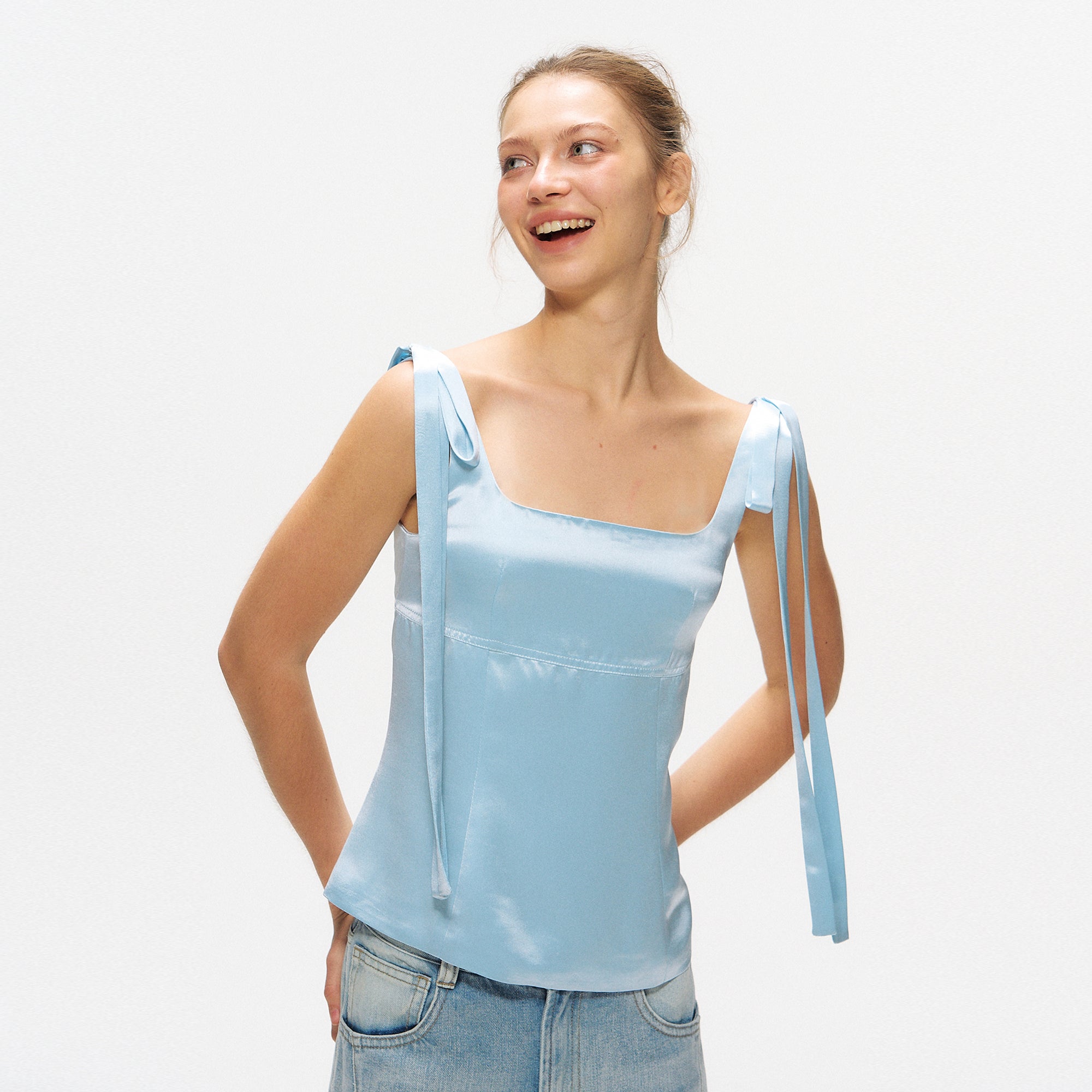 10AMSOTIIIIIIRED Bow-Shoulder Square-Neck Satin Top