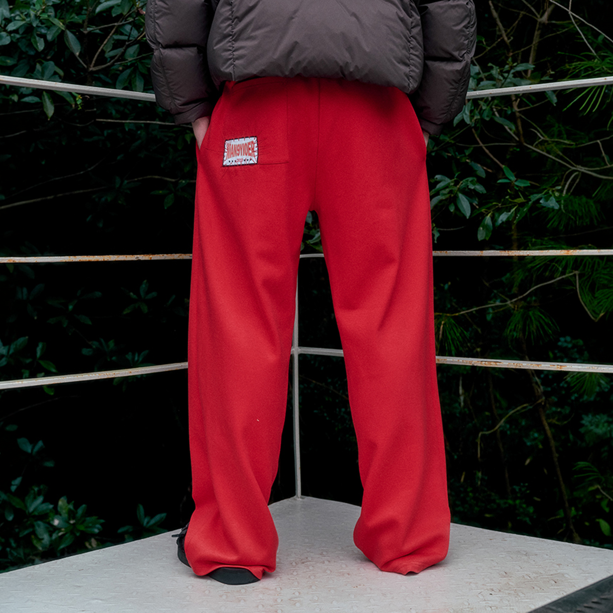NIANJIUYIKOUER Straight-Leg Embroidered Patch Sweatpants, premium urban and streetwear designers apparel on PROJECTISR.com, NIANJIUYIKOUER