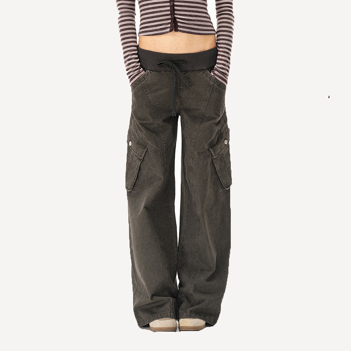COSTUSTOOT Multi-Pocket Washed Distressed Ribbed Waist Cargo Pants