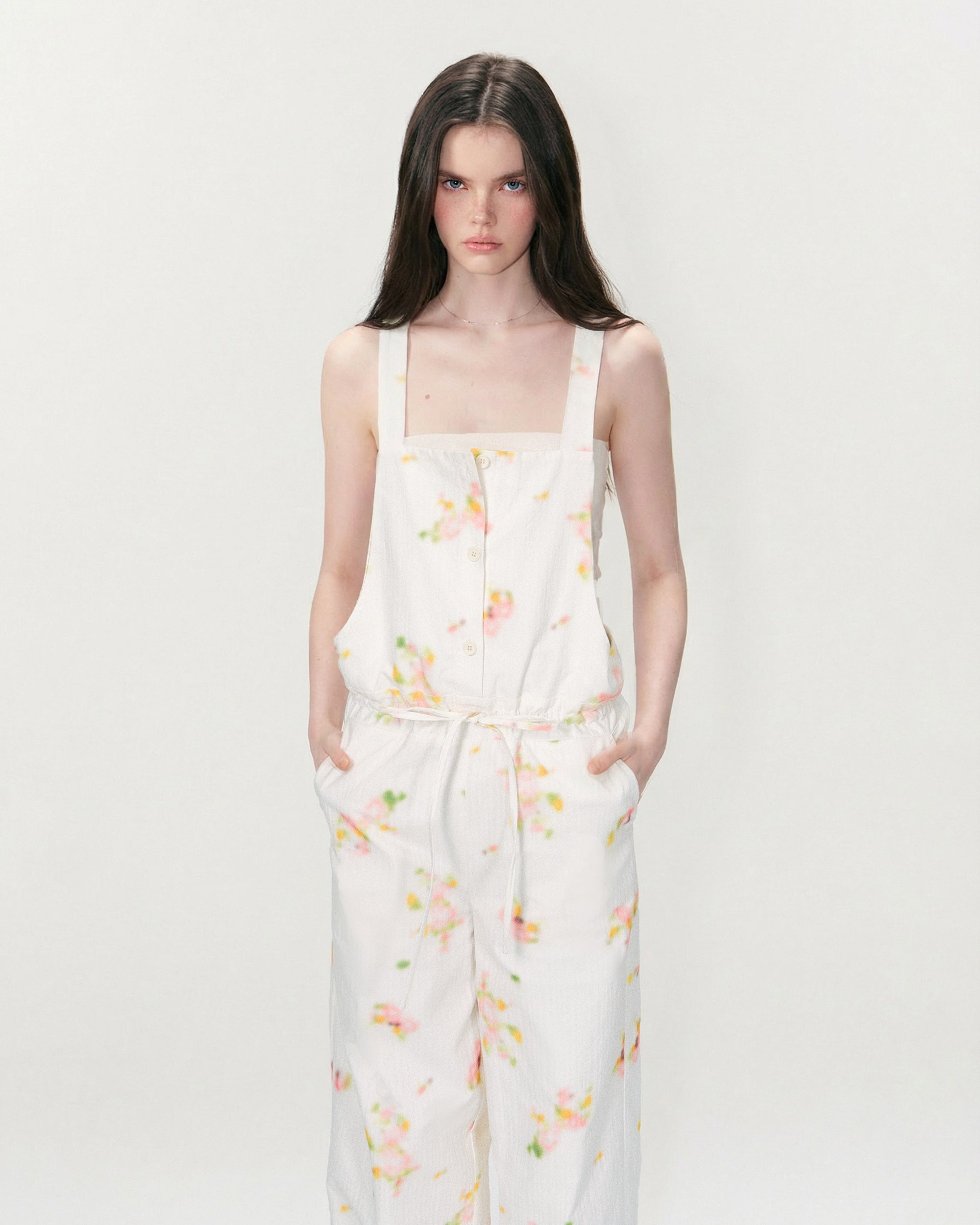 THE NEVERMORE Retro Print Suspender Wide-Leg Jumpsuit