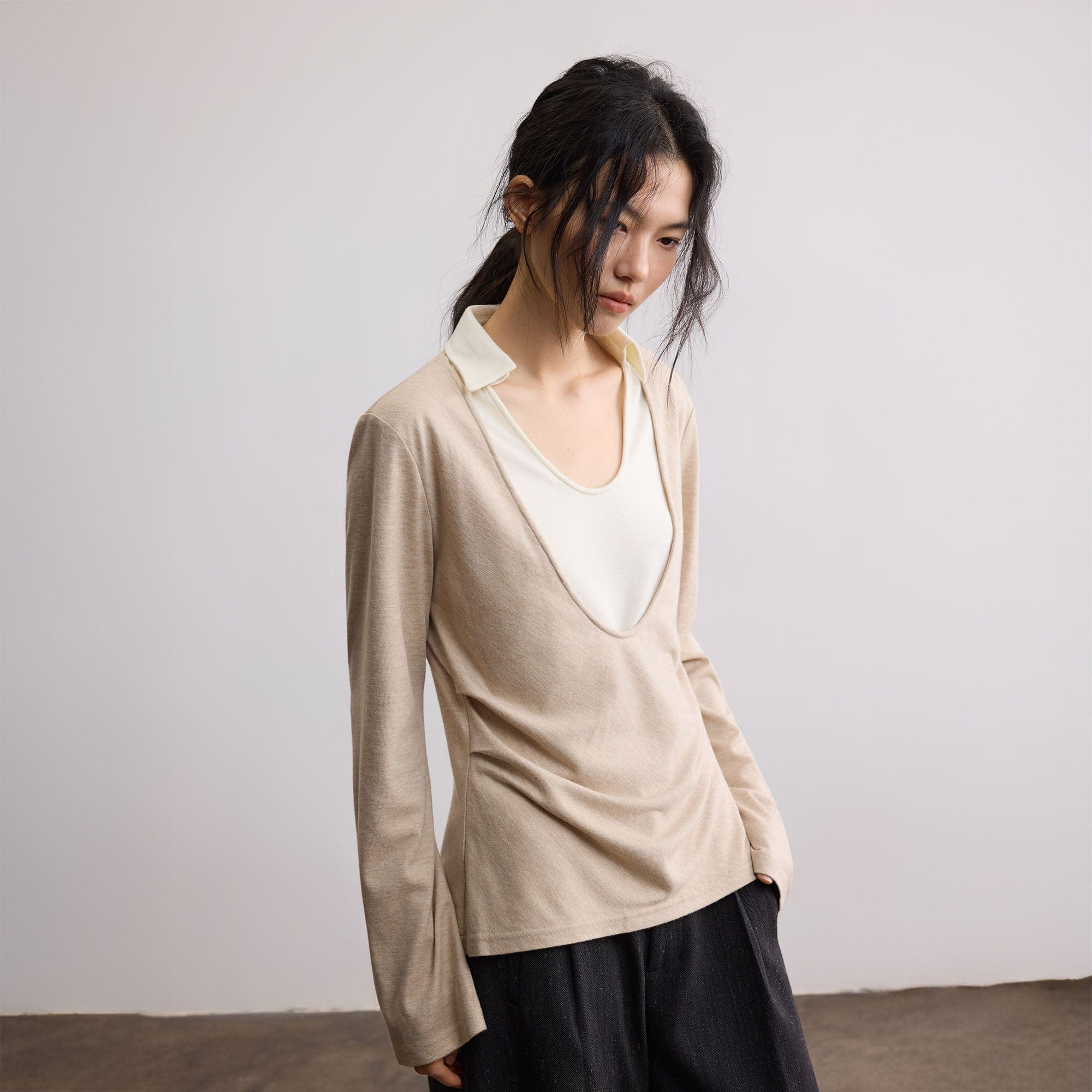 SAME FLOW Modern Double-Layered Long-Sleeve Tee