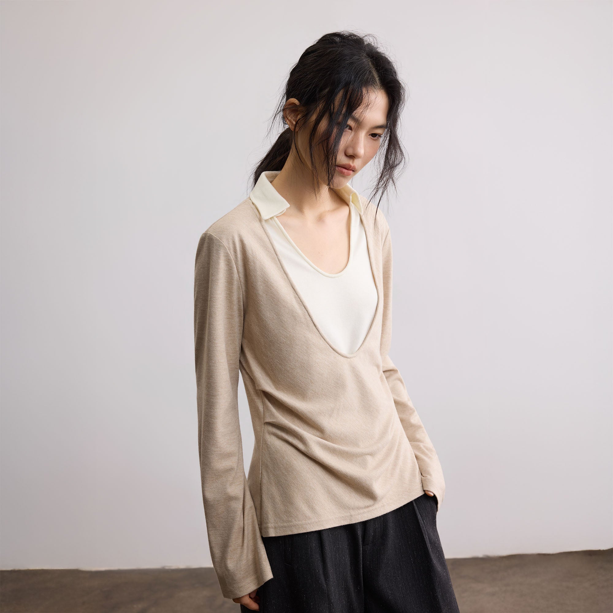 SAME FLOW Modern Double-Layered Long-Sleeve Tee