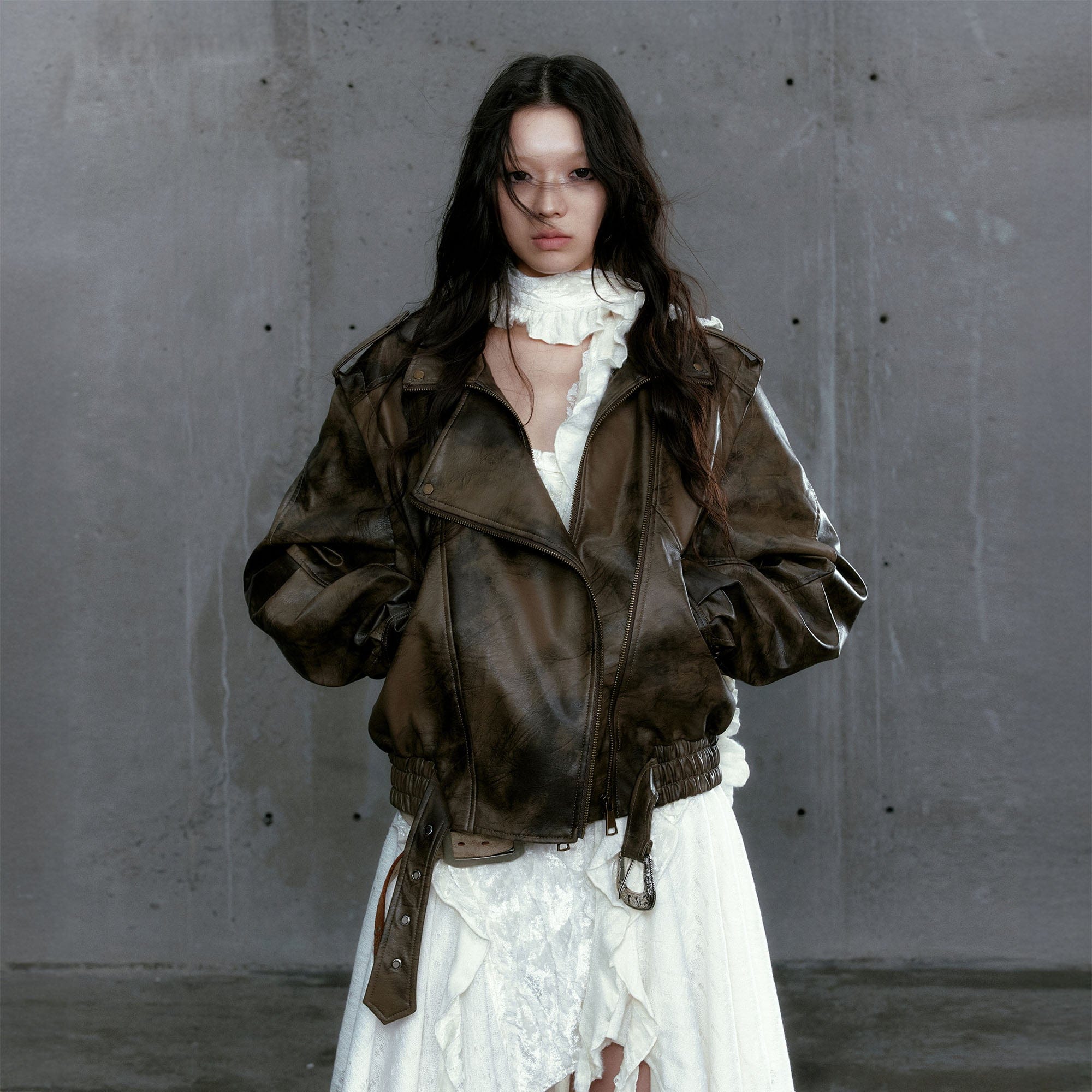 CESTNOUS Distressed Dual-Zip Faux Leather Biker Jacket