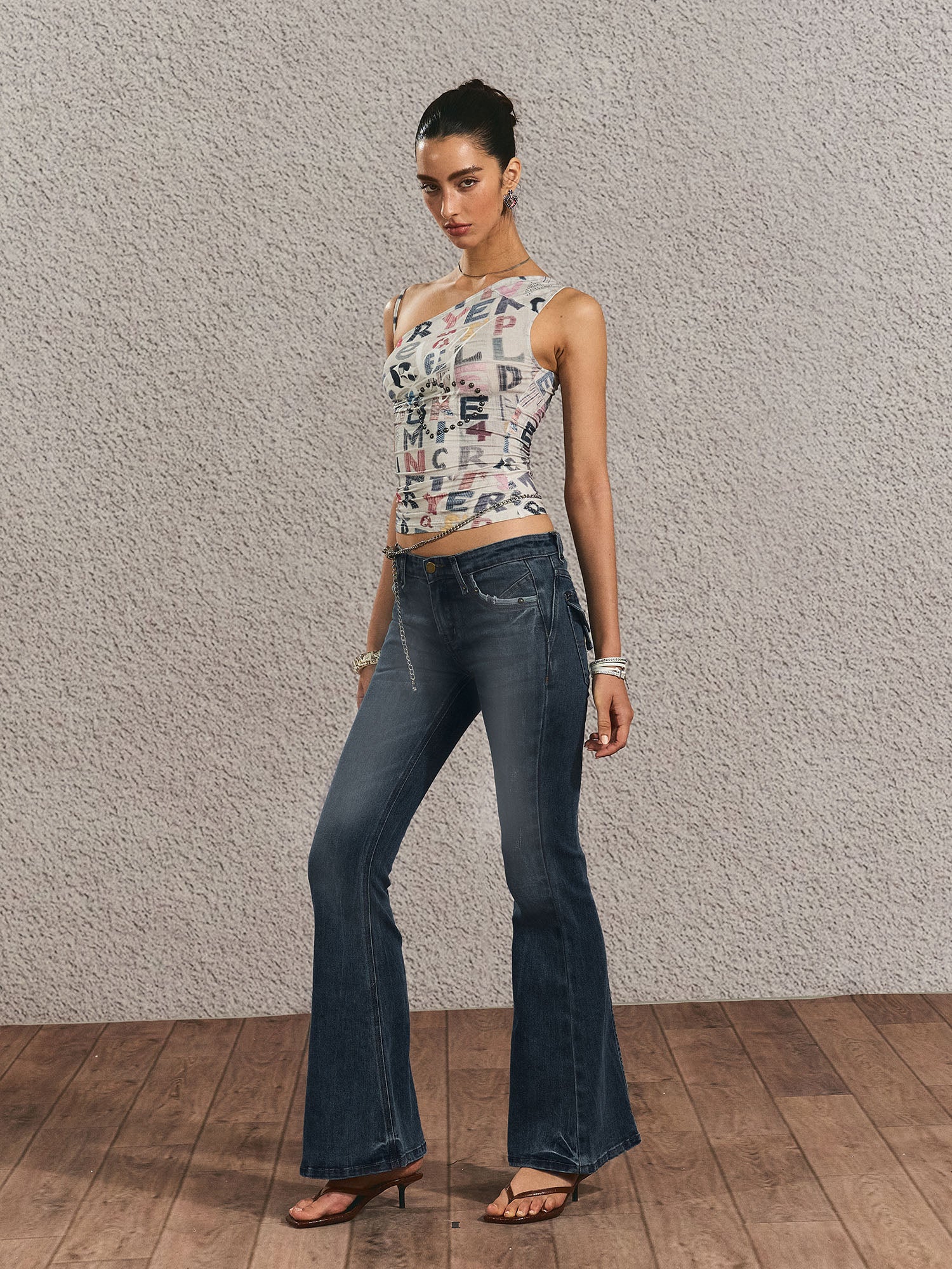 THE NEVERMORE Asymmetrical Side Drawstring Full-Print Top