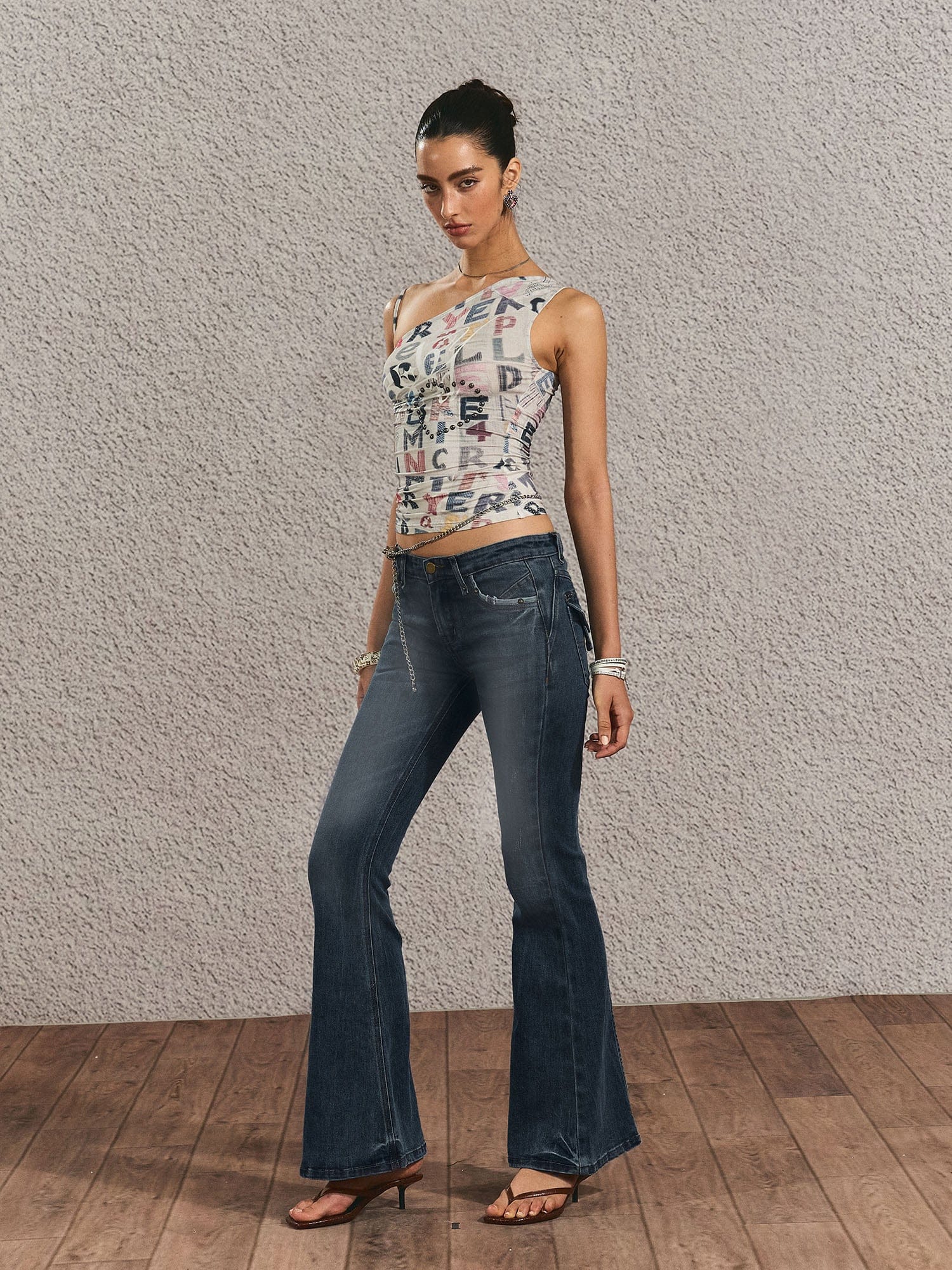 THE NEVERMORE Asymmetrical Side Drawstring Full-Print Top