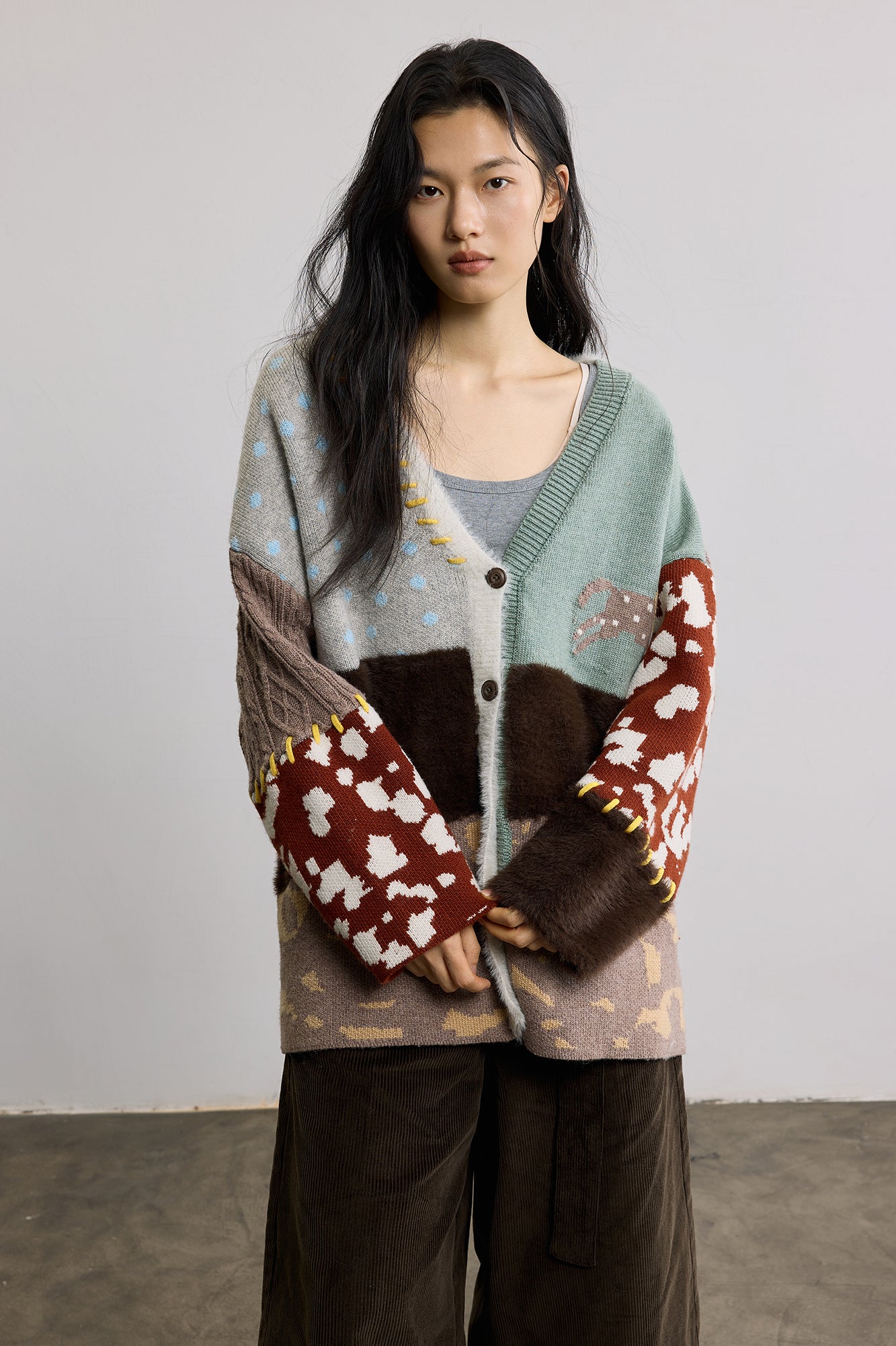 SAME FLOW Retro Spliced Wool-Blend Jacquard Cardigan