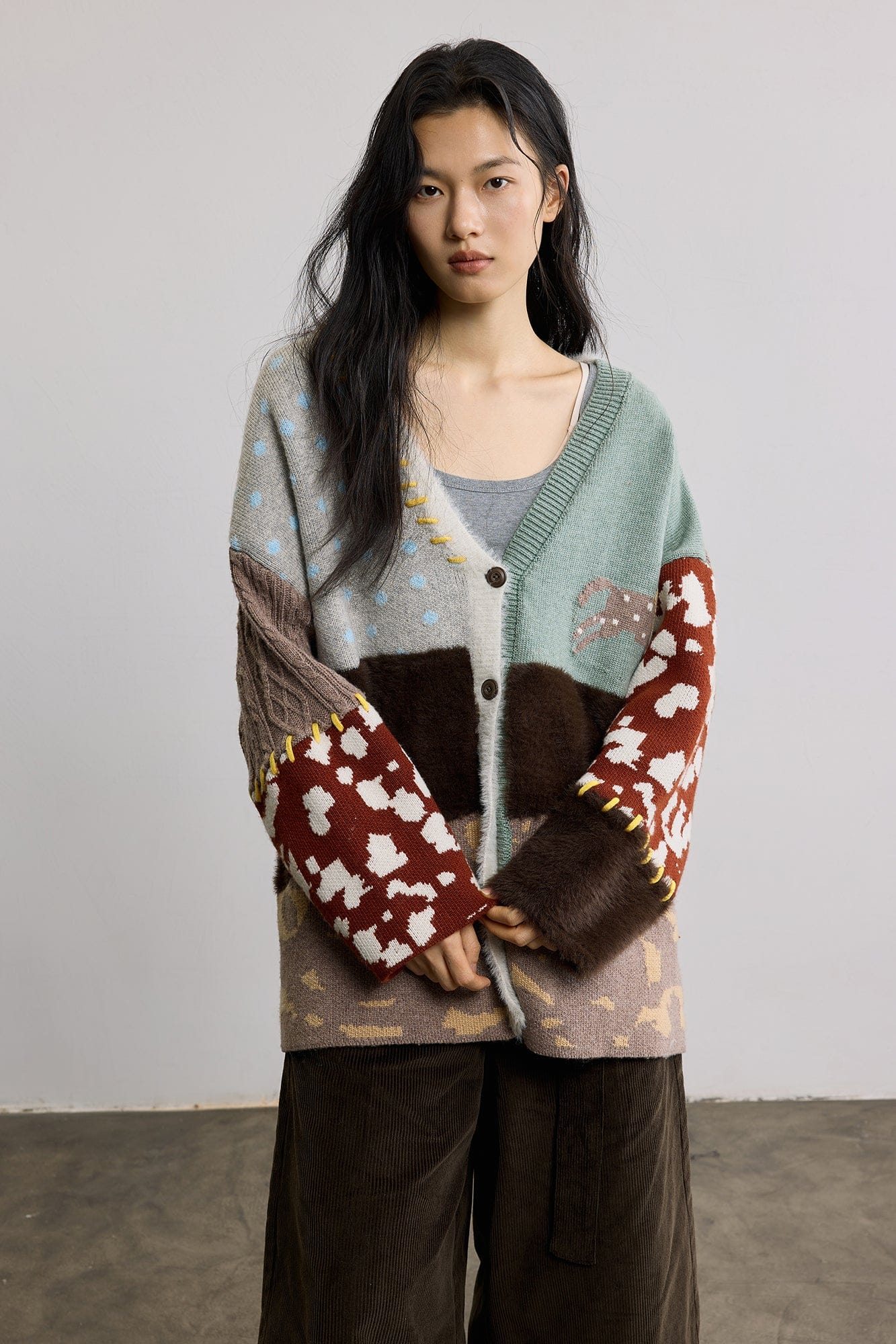 SAME FLOW Retro Spliced Wool-Blend Jacquard Cardigan