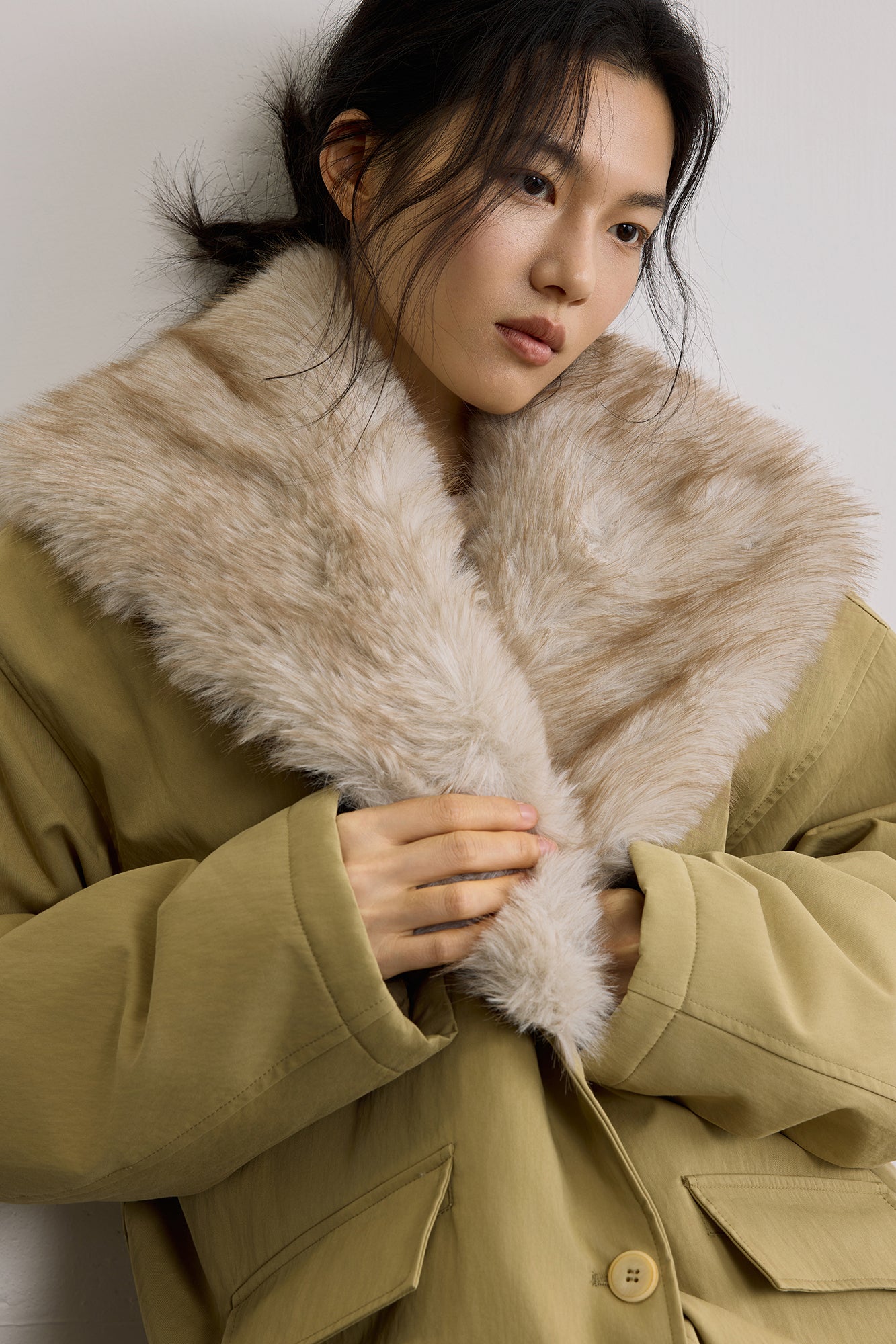 SAME FLOW Faux Fur Collar Belted Padded Jacket