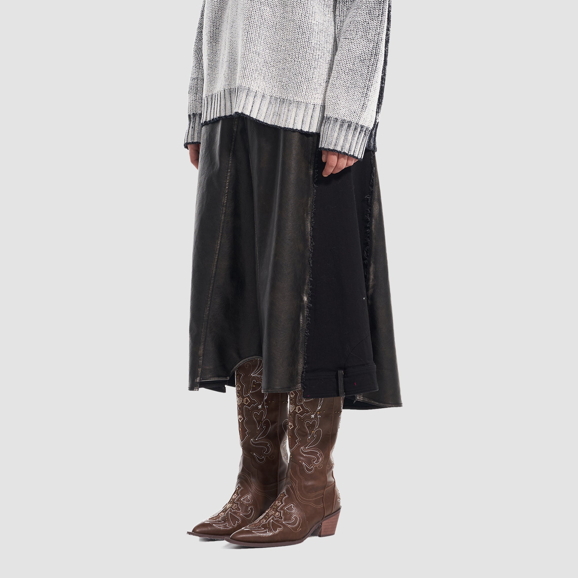 VANN VALRENCE Paneled Frayed Faux Leather A-Line Skirt