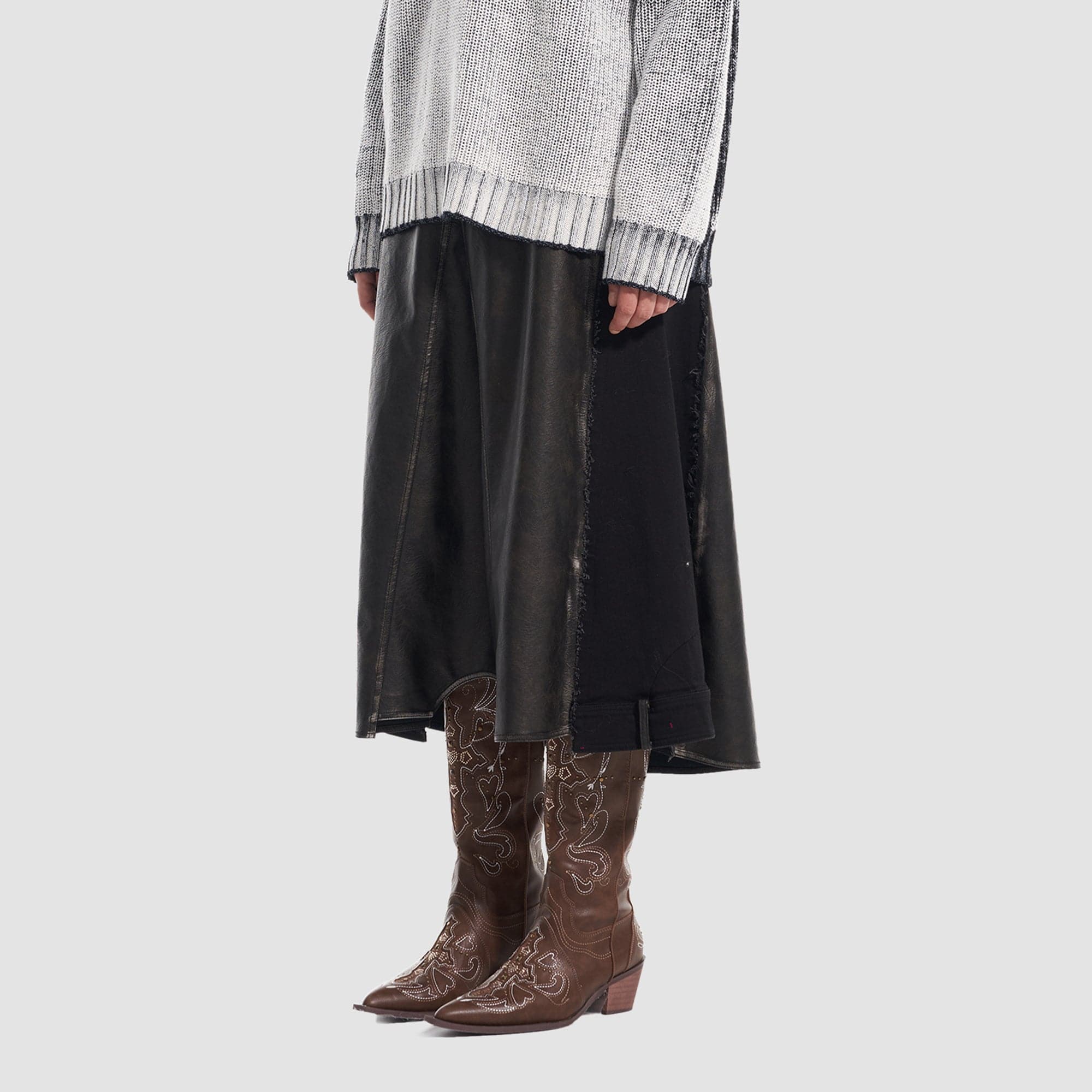 VANN VALRENCE Paneled Frayed Faux Leather A-Line Skirt