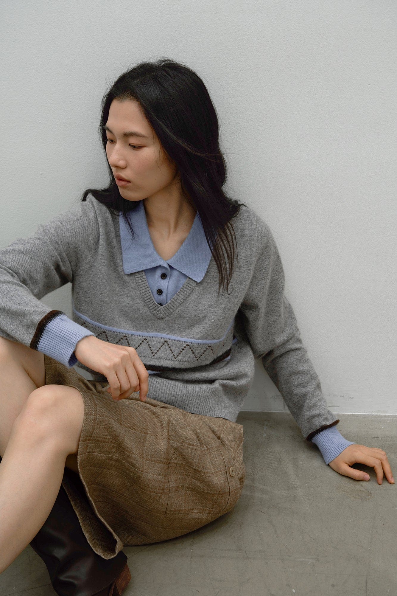 SAME FLOW Faux-Layered Knit Polo Sweater