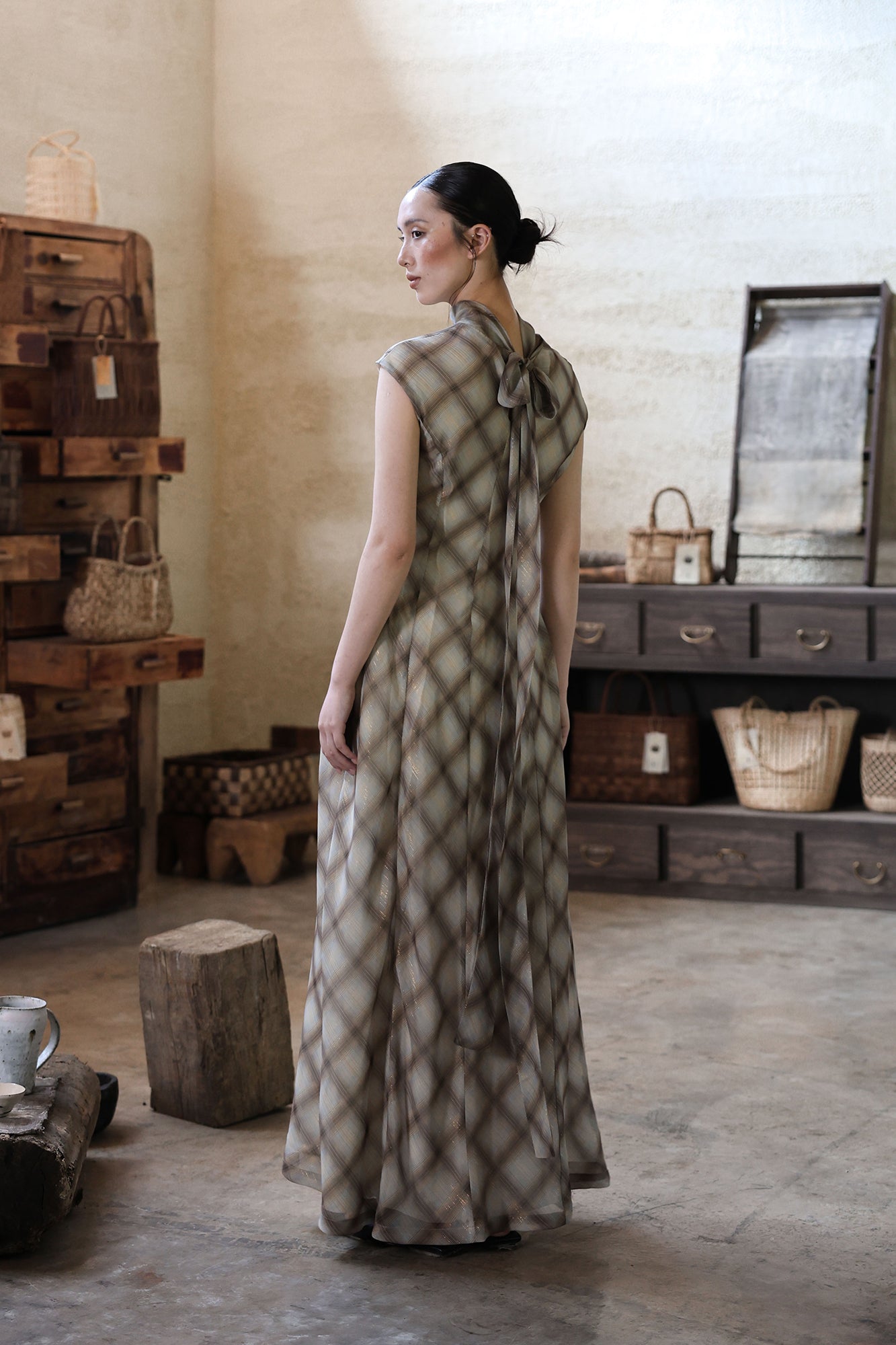 WUHEYIZUO Argyle Scarf-Neck Maxi Dress