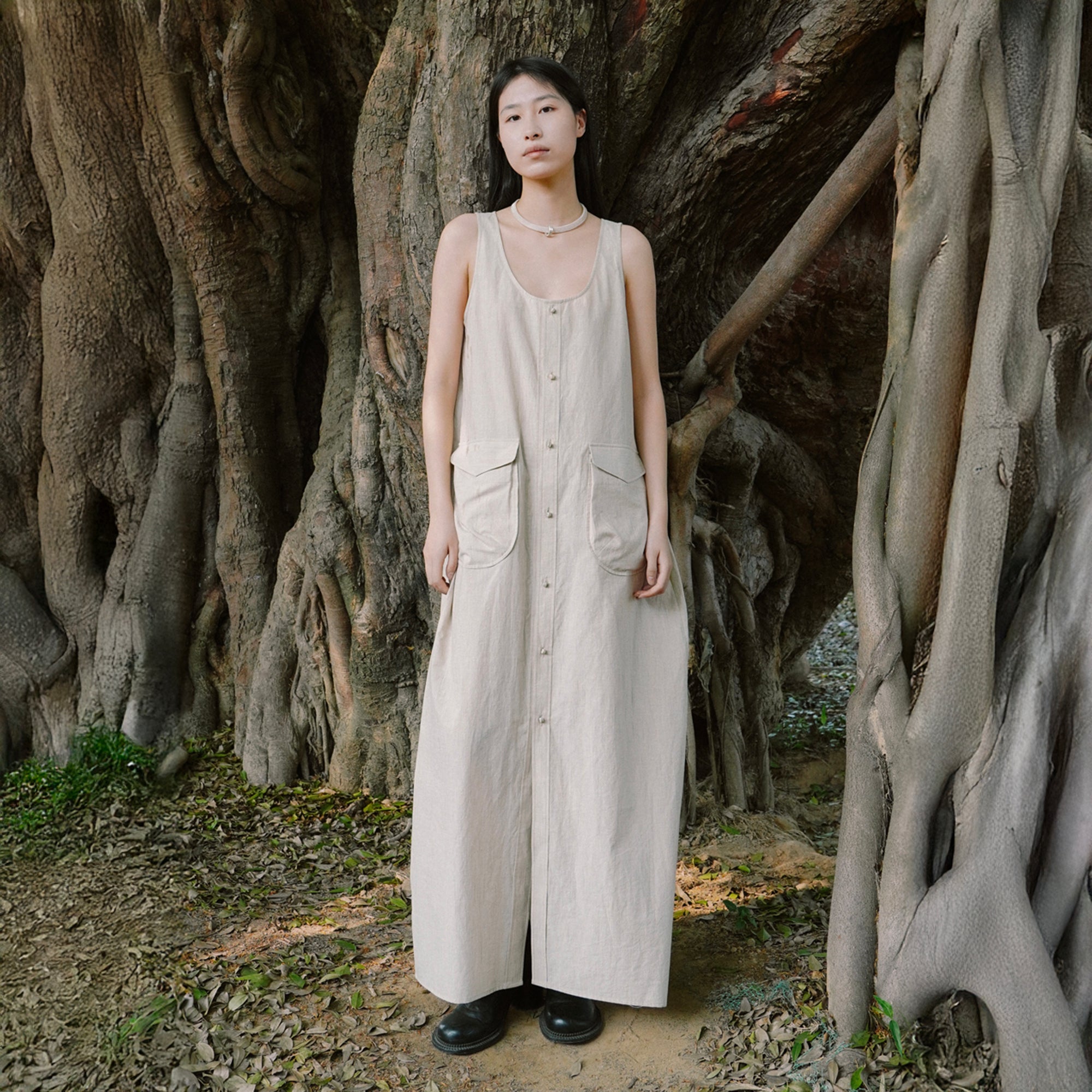 CAIRA Utility Pocket Button-Front Maxi Dress