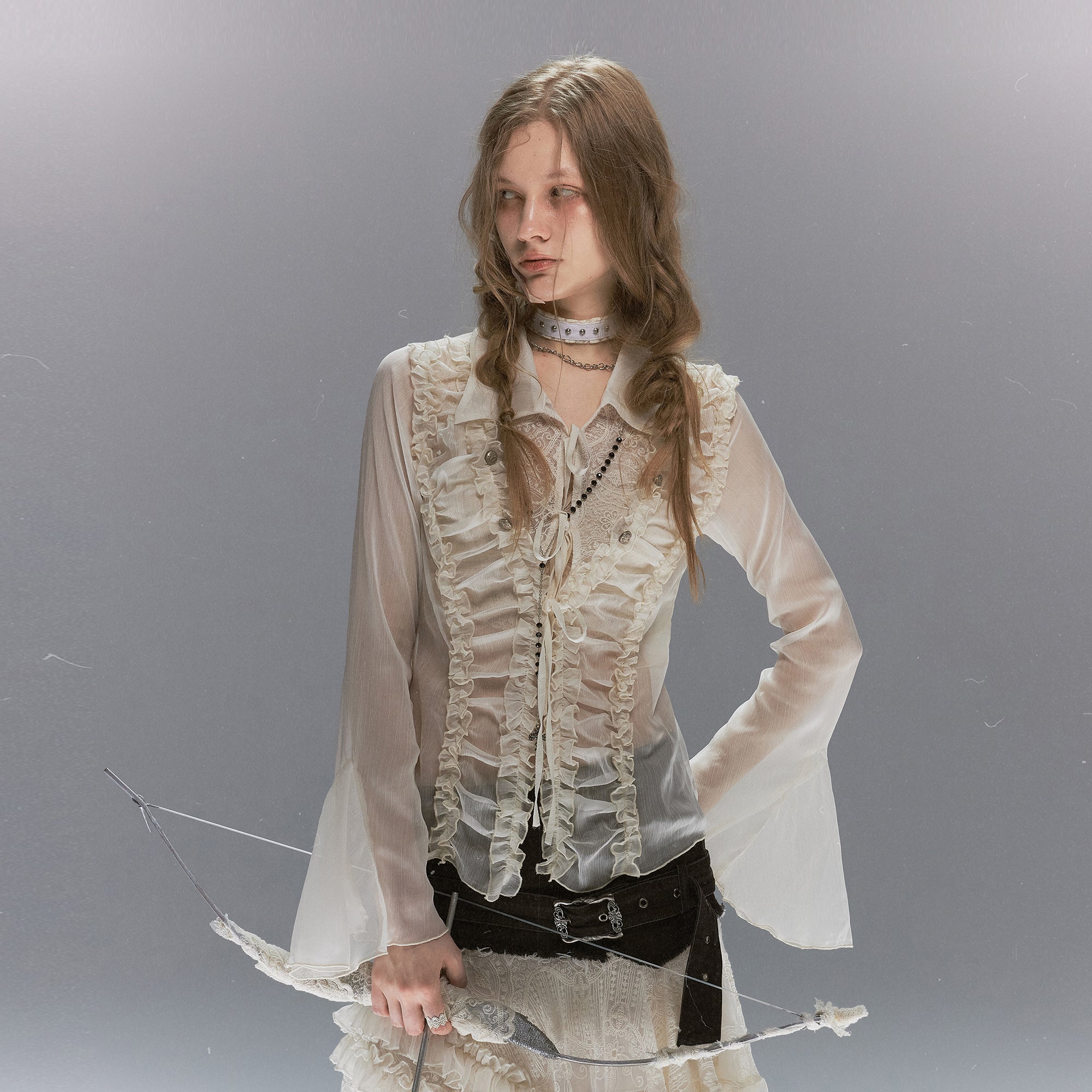 CESTNOUS Ruffle Lace-Panel Bell-Sleeve Shirt