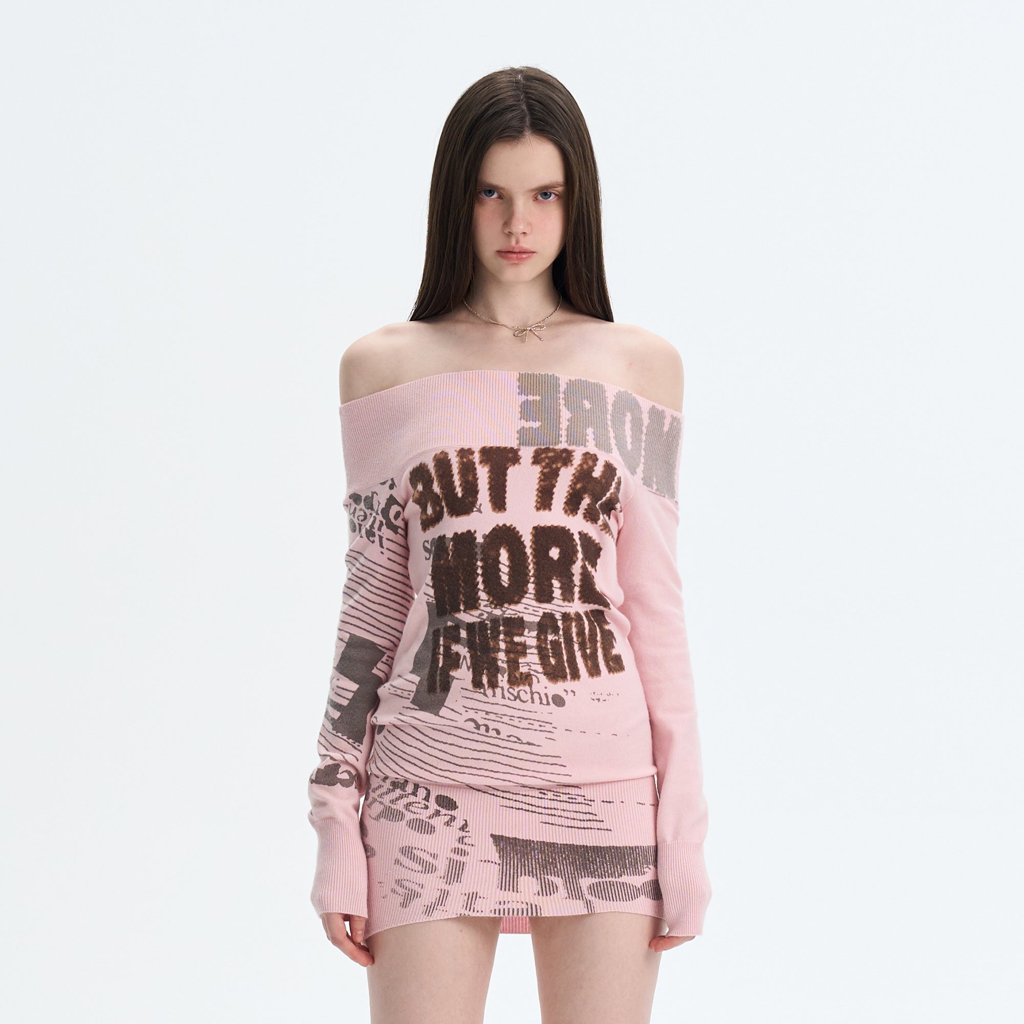THE NEVERMORE Graphic Off-Shoulder Knit Mini Dress THE NEVERMORE Graphic Off-Shoulder Knit Mini Dress