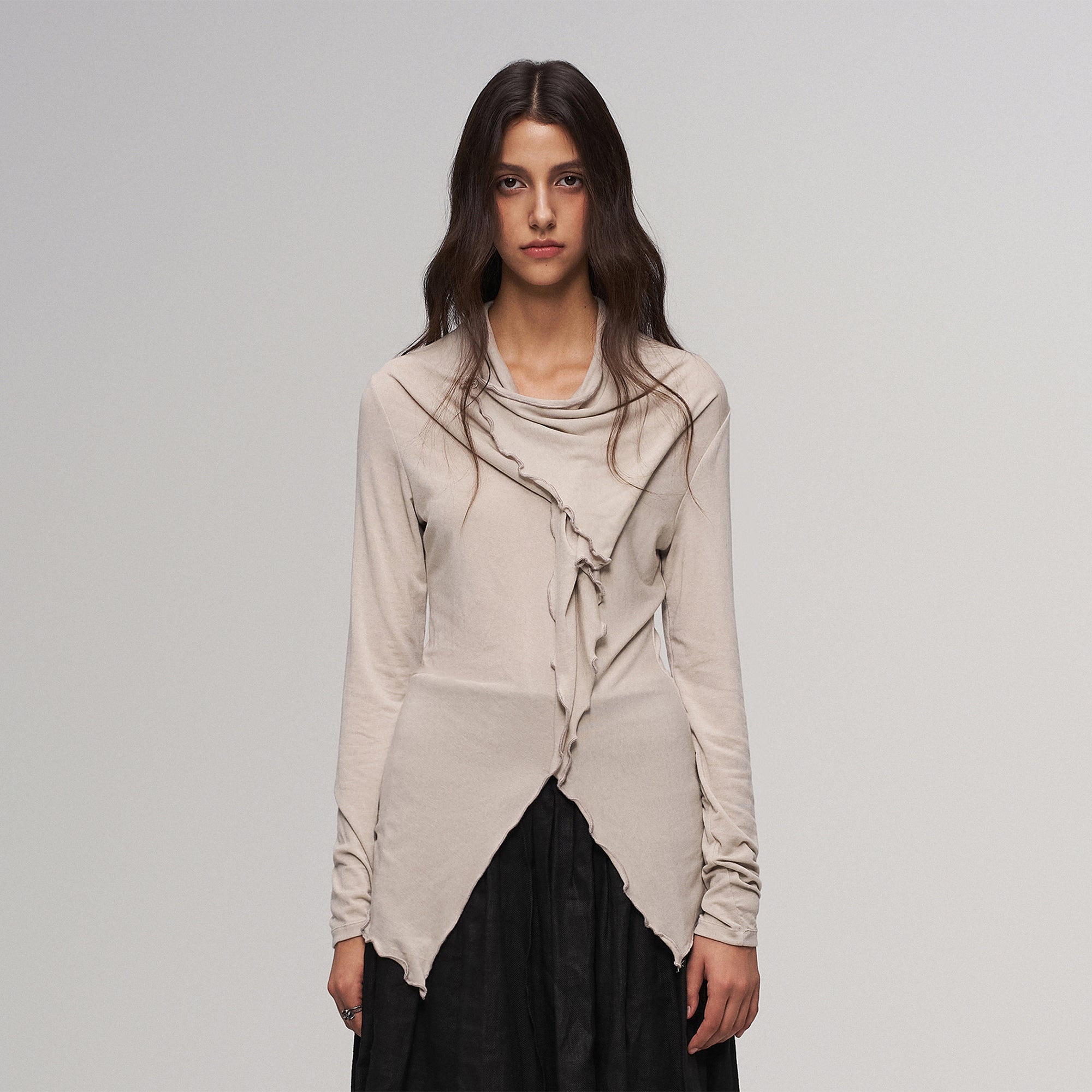 ILNya Nieternite Nifutur Asymmetrical Ruffle Wool-Blend Long Sleeve Tee