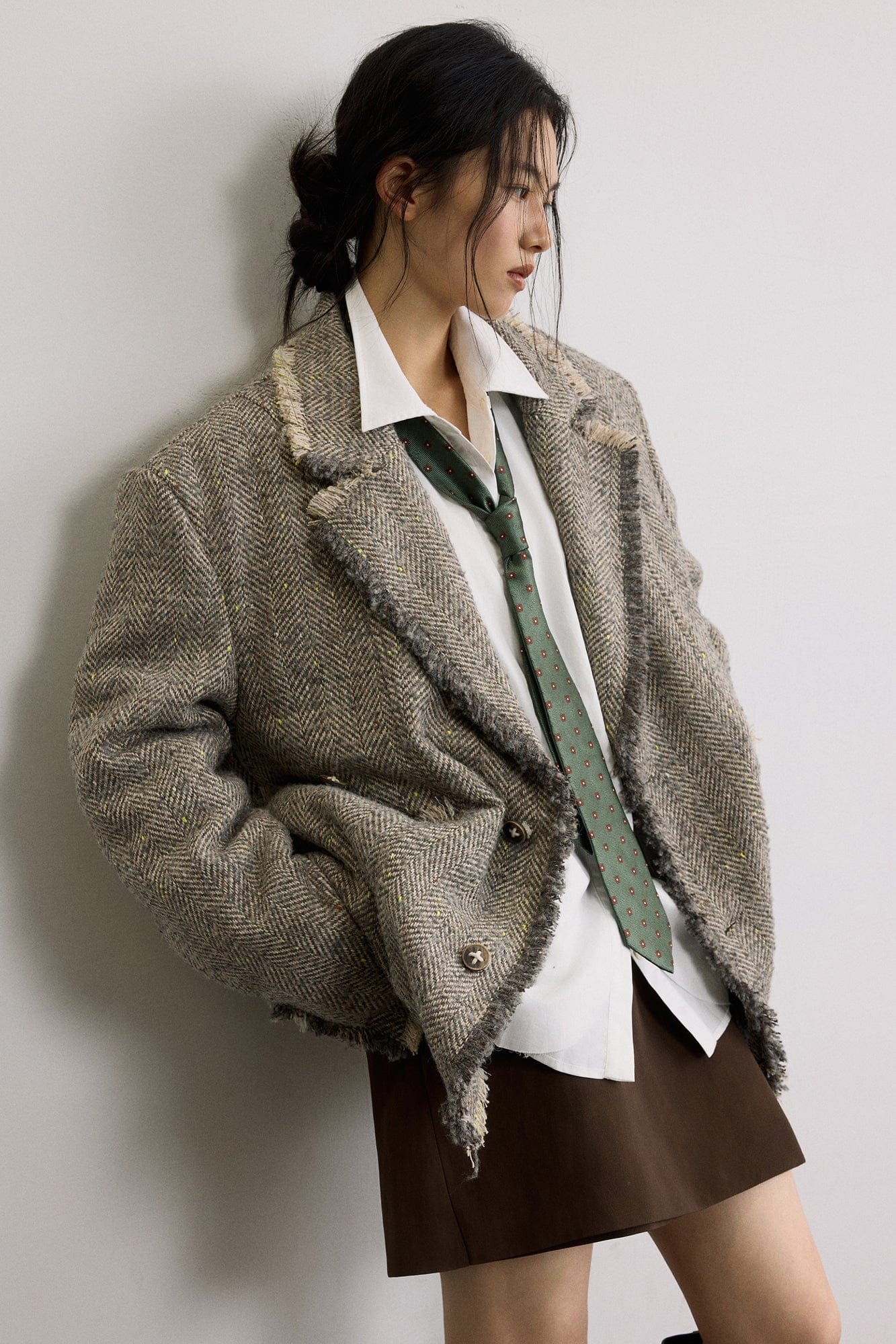 SAME FLOW Frayed Herringbone Insulated Wool-Blend Blazer