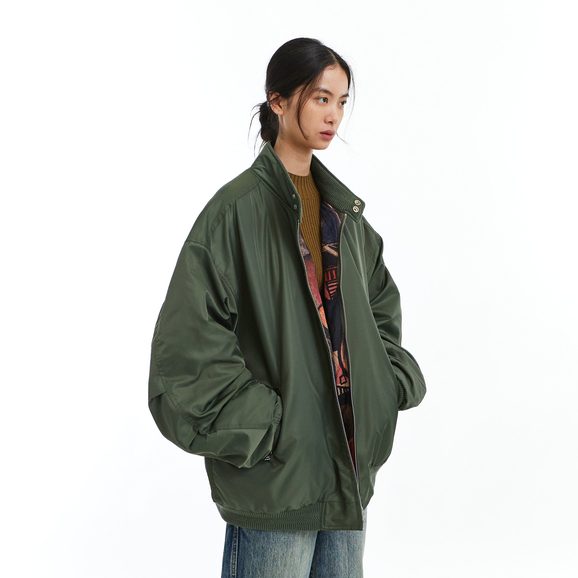 NEVERSEEZ Graphic-Lining Embroidered-Flower Bomber Jacket
