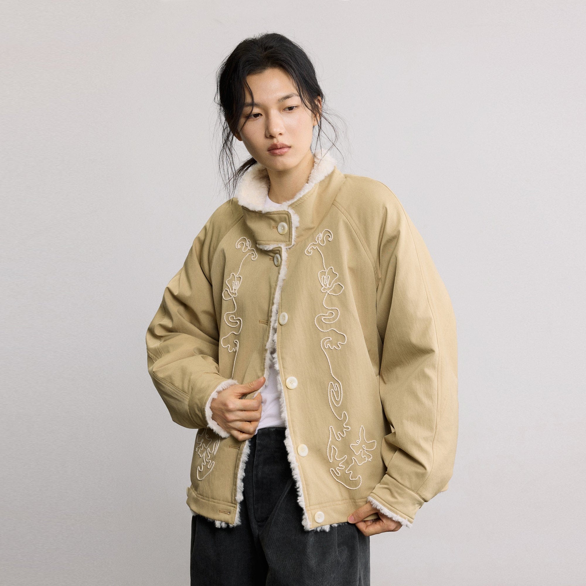 SAME FLOW Reversible Embroidered Fleece-Lined Jacket