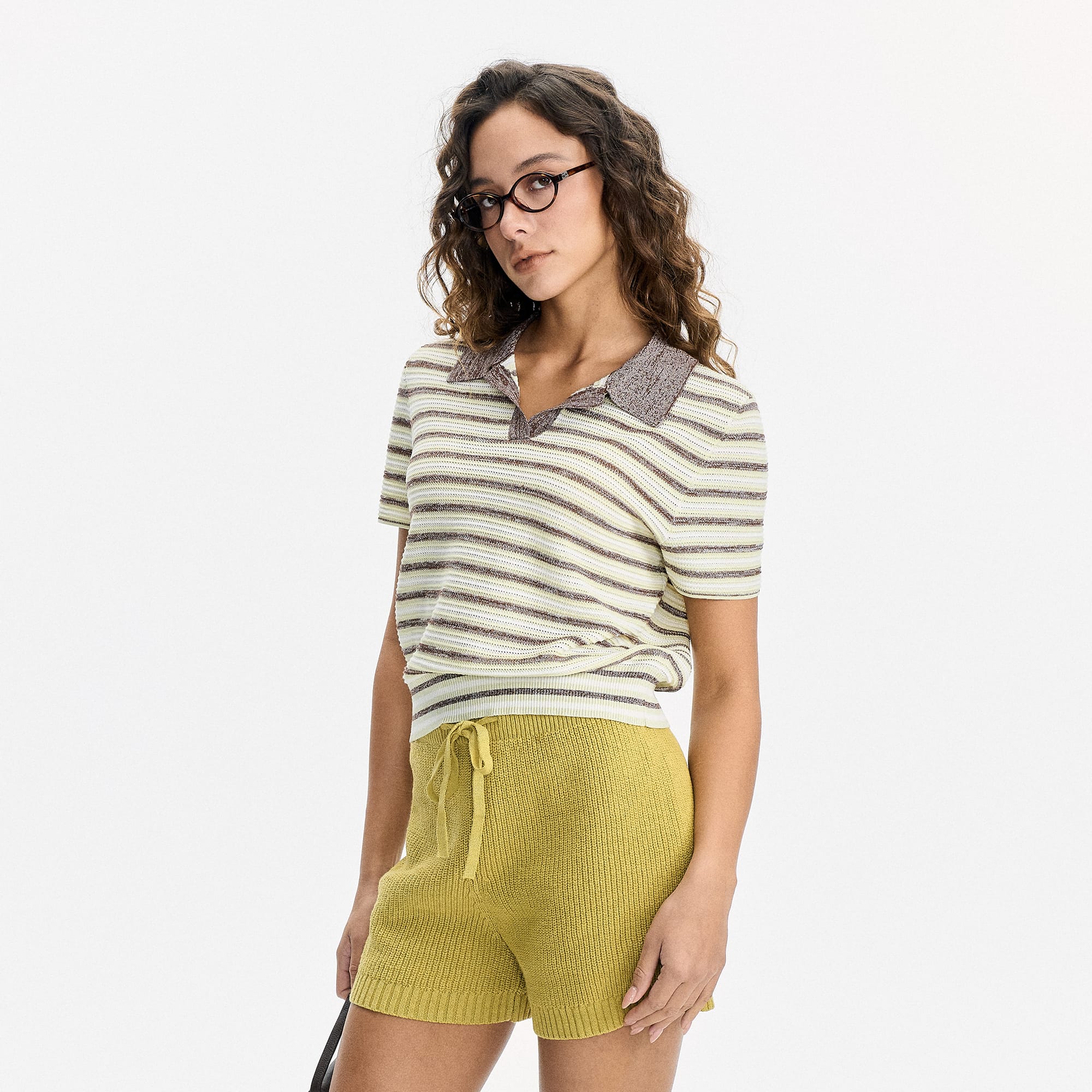 LEONSENSE Striped Pointelle Polo Knit Top