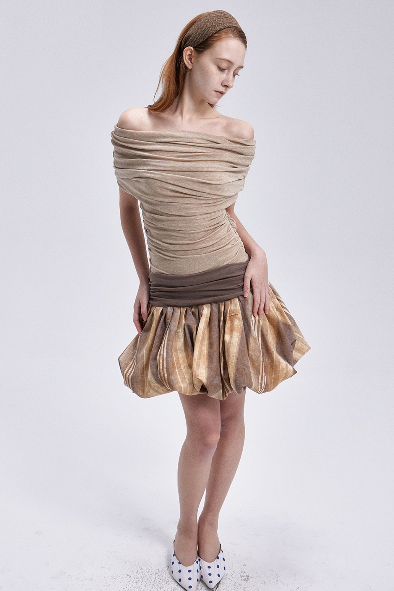 VERSION9 Off-Shoulder Ruched Bubble-Hem Mini Dress