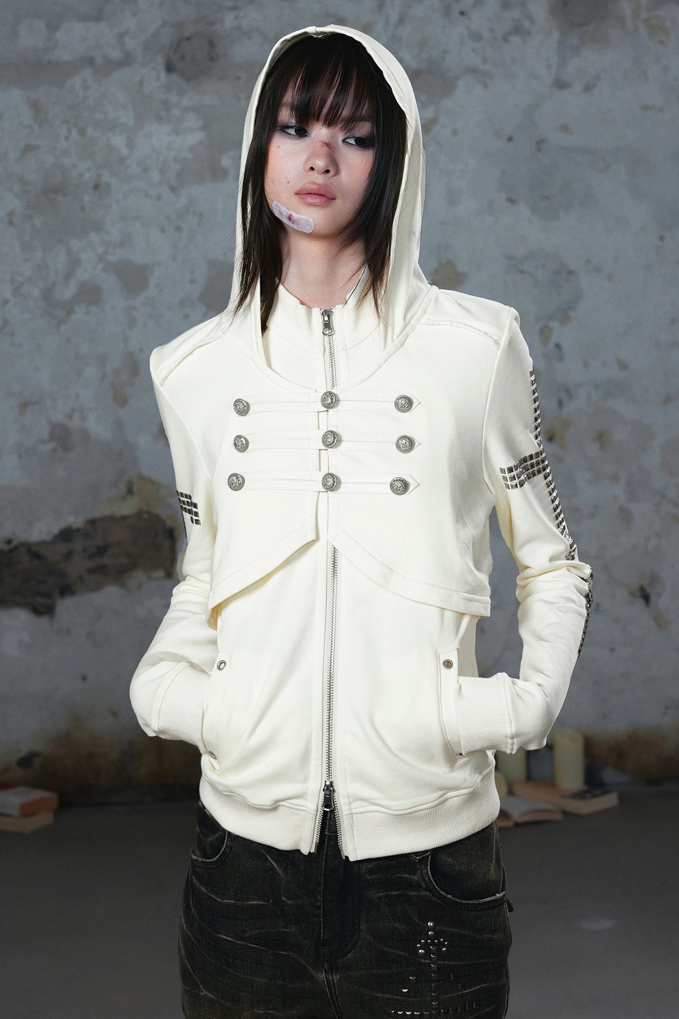 CESTNOUS Punk Metal-Button Napoleon Zip-Up Hoodie