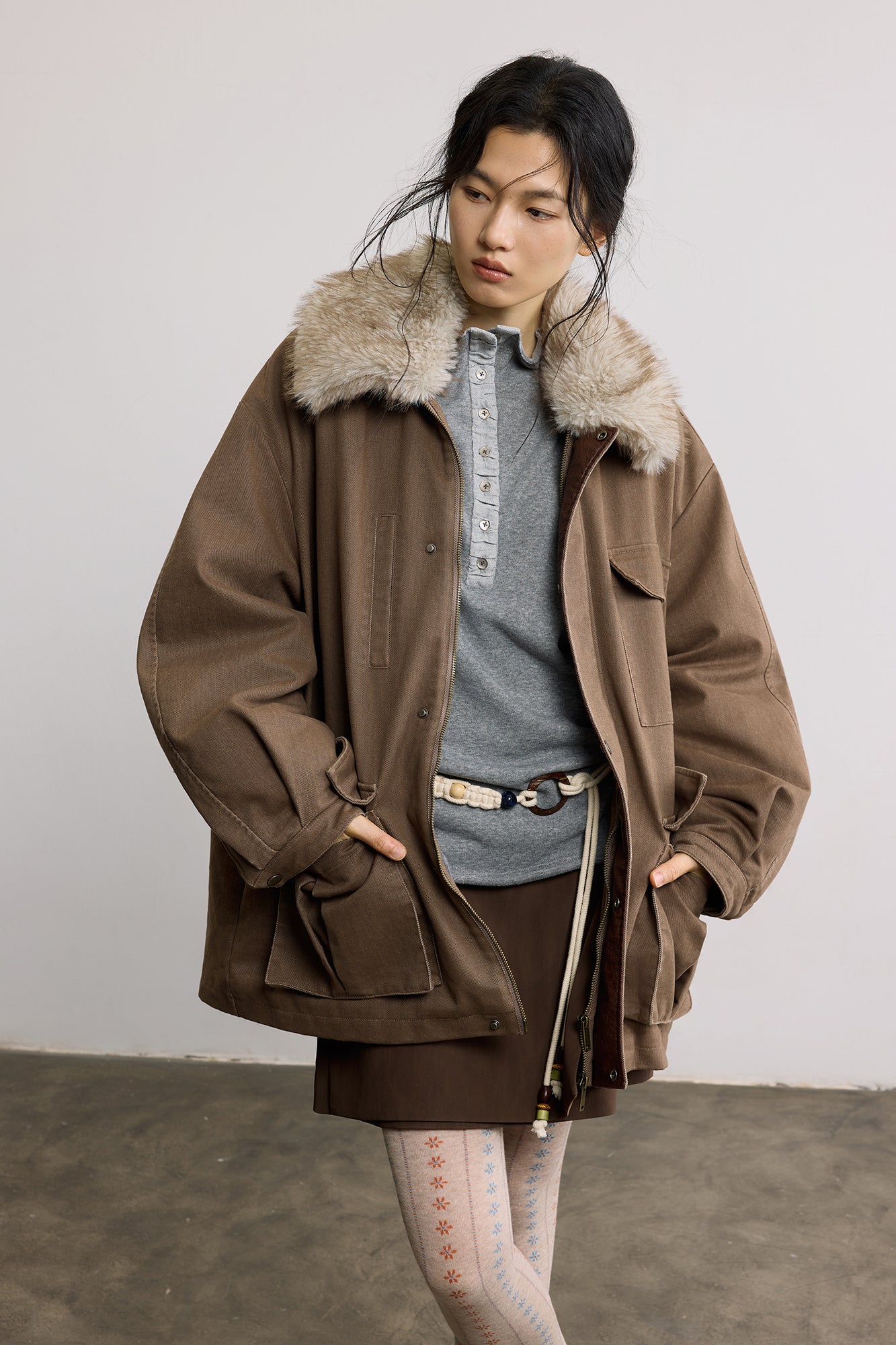 SAME FLOW Faux Fur Collar Oversized Utility Jacket