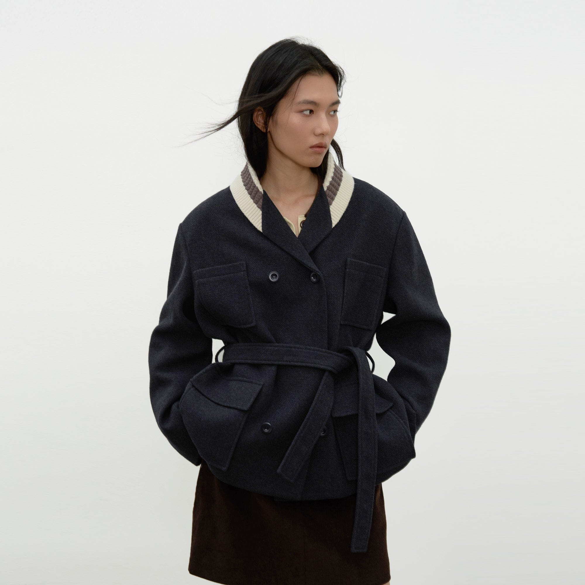SAME FLOW Contrast Knit Collar Belt Wool-Blend Jacket