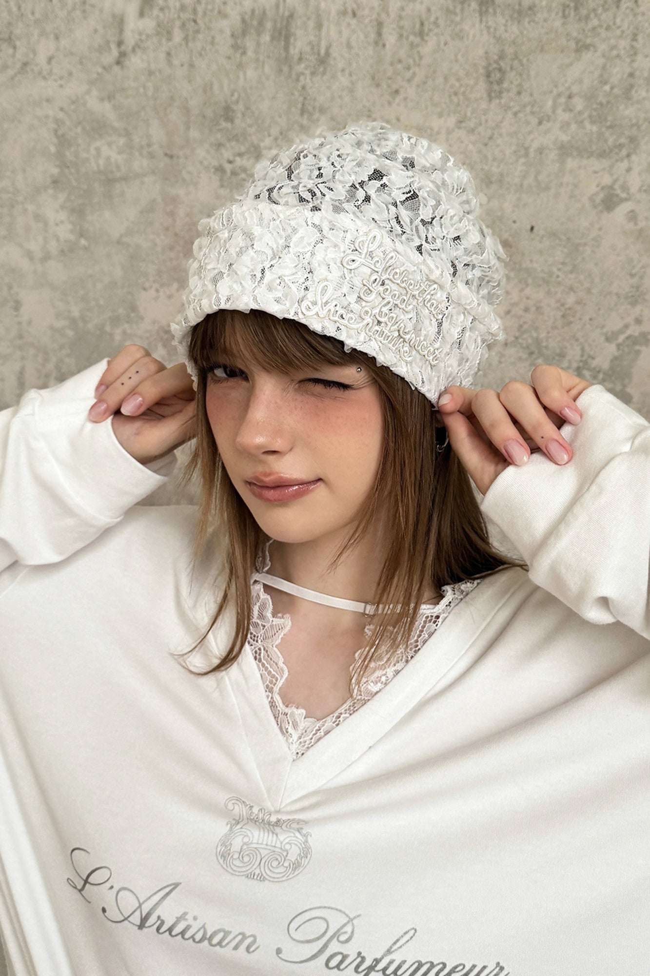 RIDK Floral Lace Script Beanie