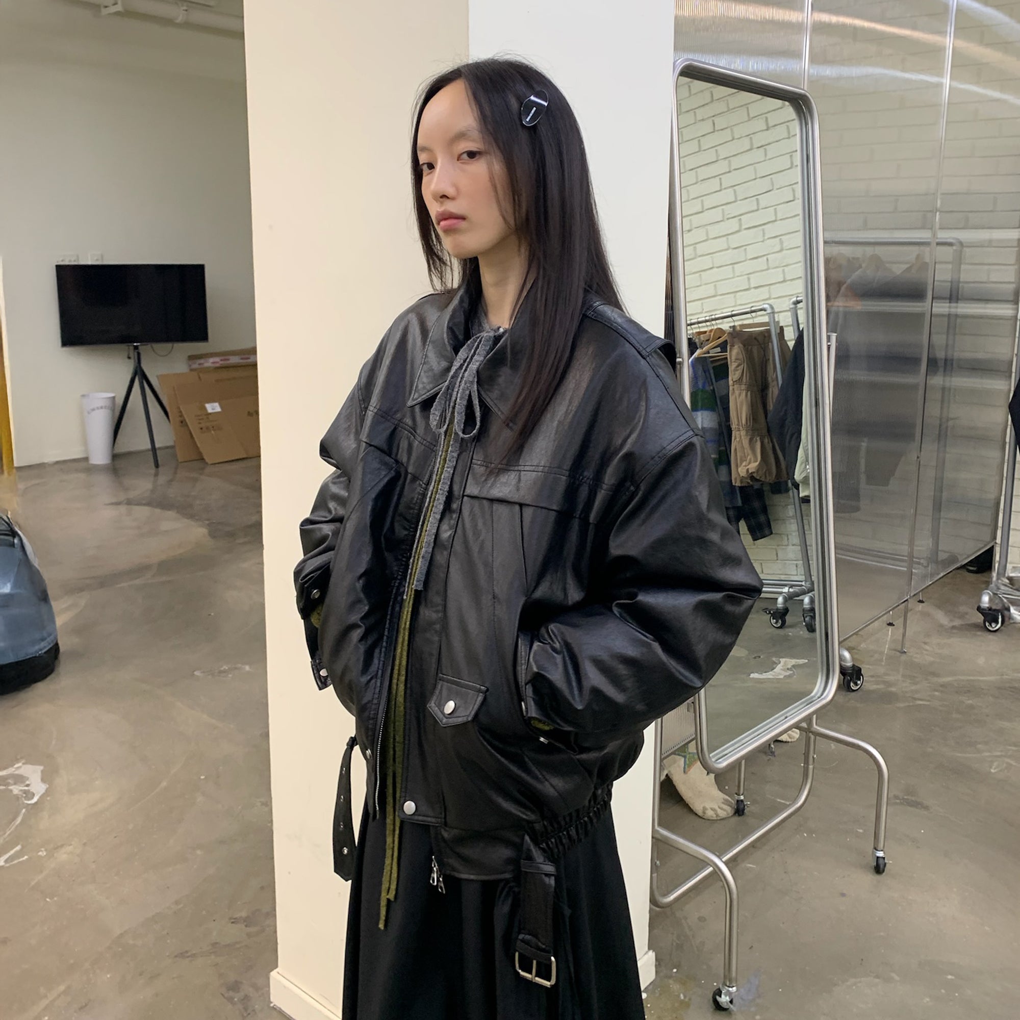 NEVERSEEZ Faux Leather Duck-Down Fill Jacket