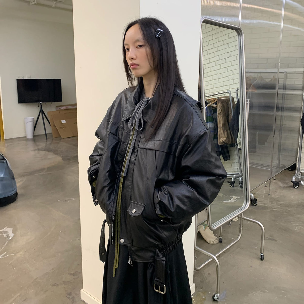 NEVERSEEZ Faux Leather Duck-Down Fill Jacket