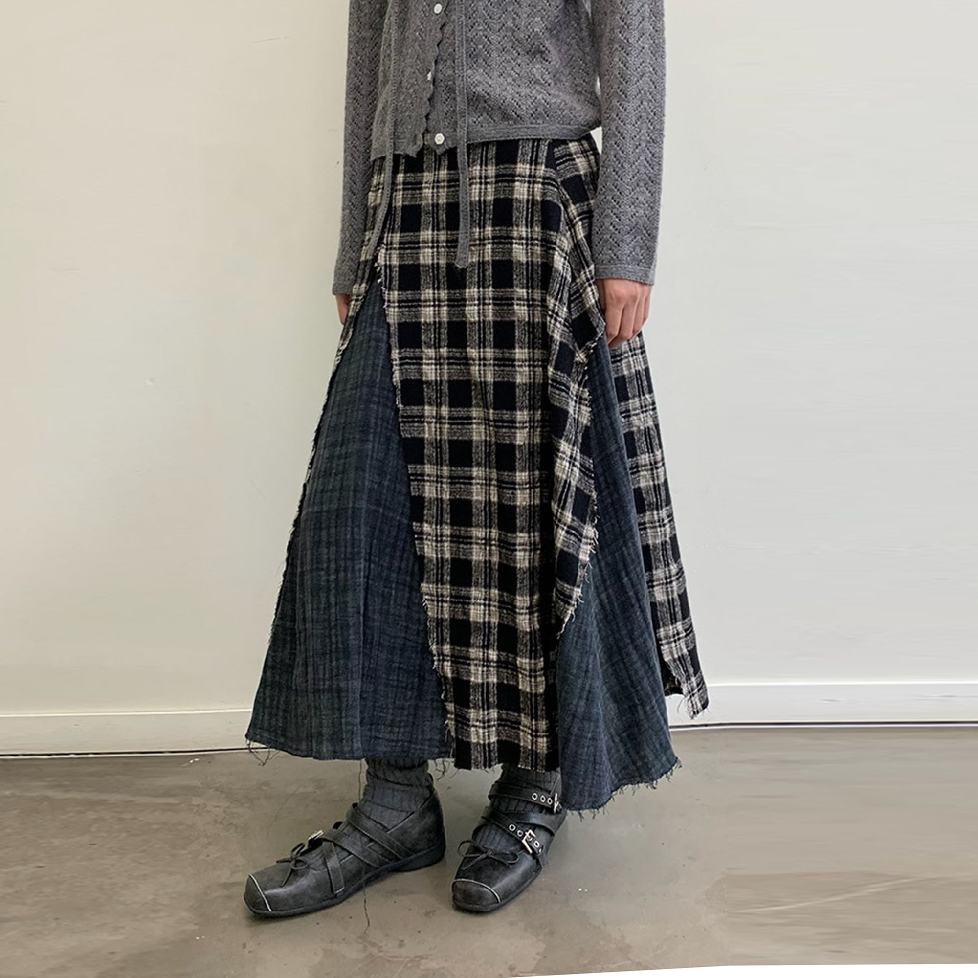 NEVERSEEZ Raw-Edge Plaid Panel Midi Skirt