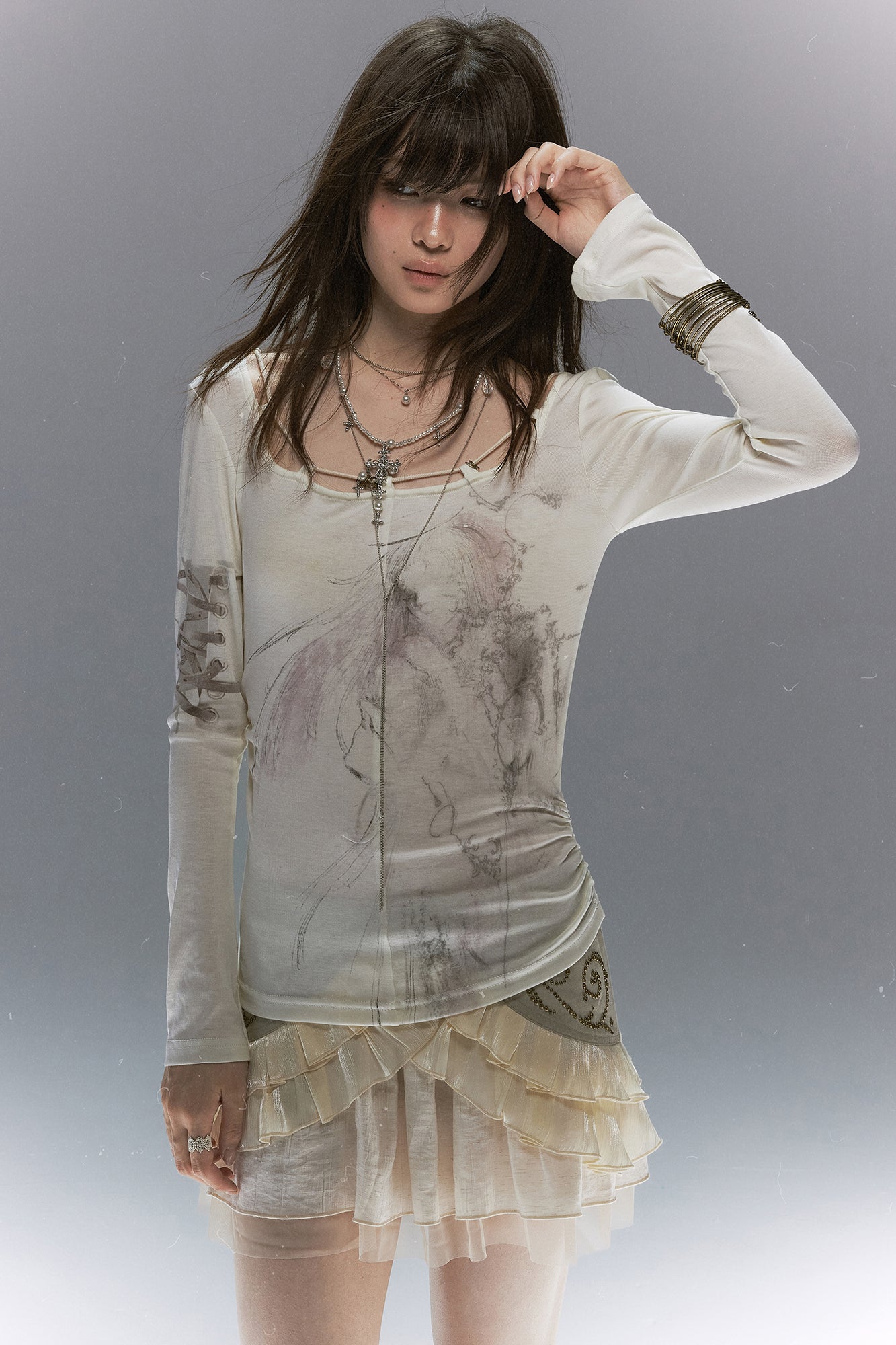 CESTNOUS Graphic Lace-Trim Tencel Long-Sleeve Tee