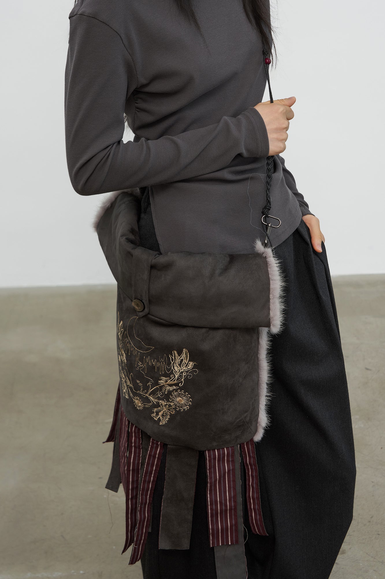 SAME FLOW Embroidered Faux Suede Fringe Messenger Bag