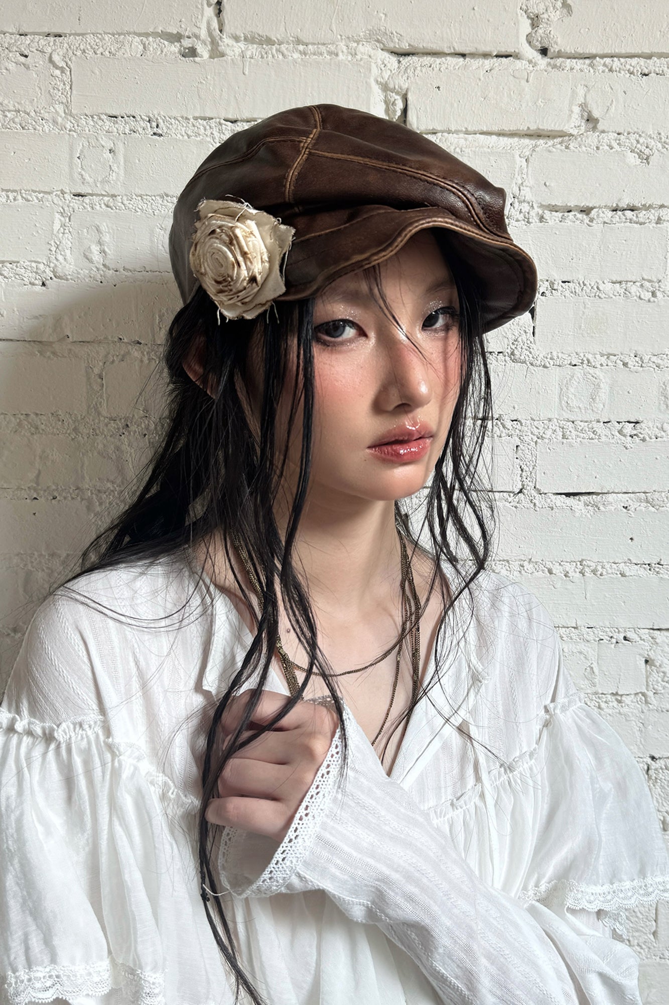 RIDK Faux Leather Rose Embellished Newsboy Cap