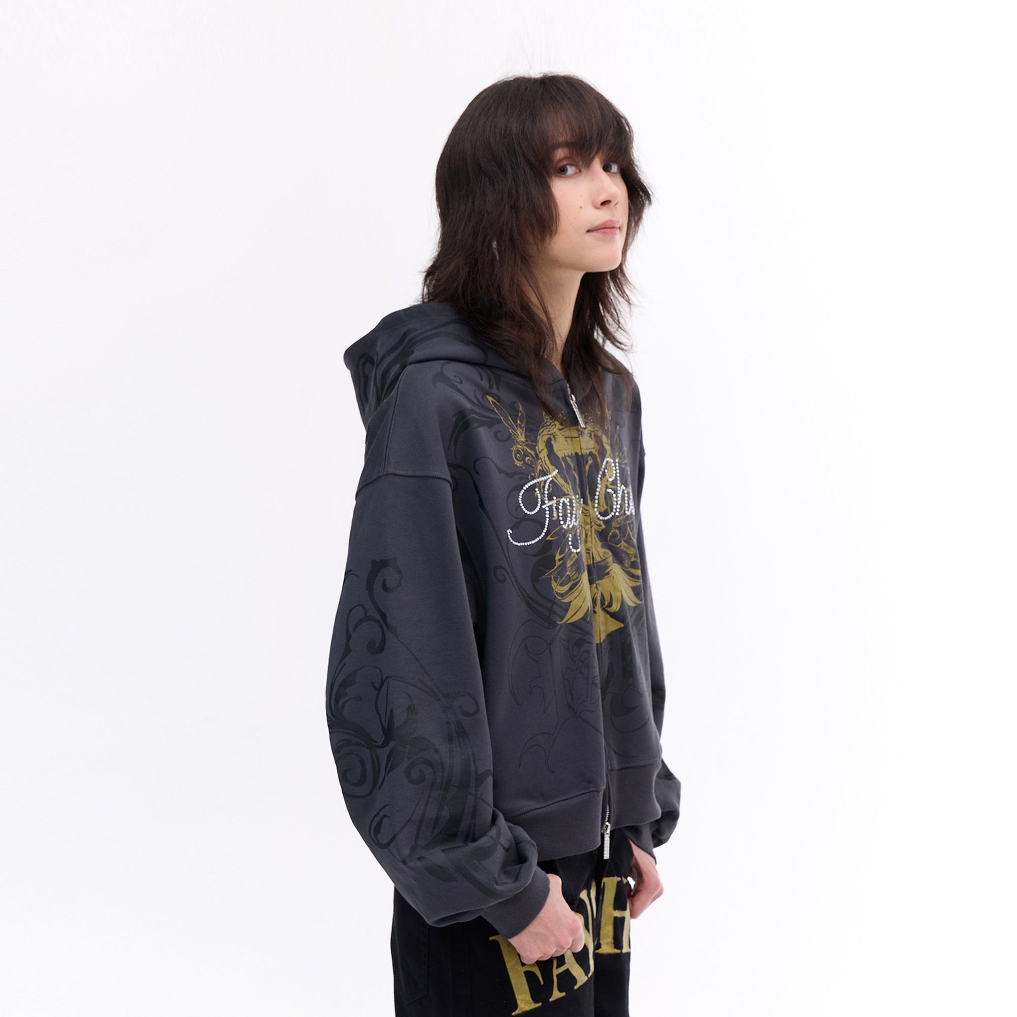 FAYCHUI Baroque Gold Foil Graphic Zip Hoodie