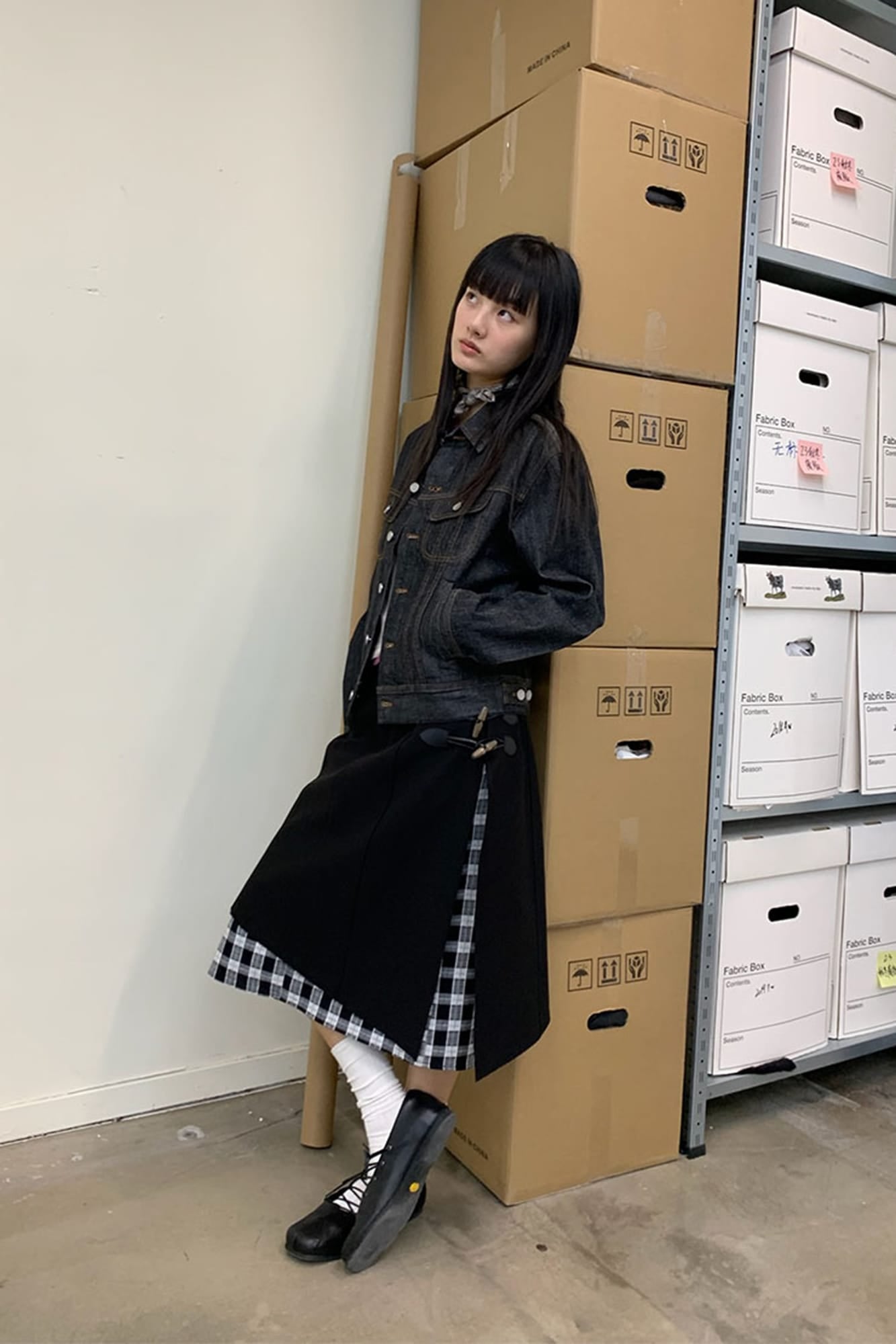 NEVERSEEZ Asymmetrical Toggled Layered Gingham Skirt
