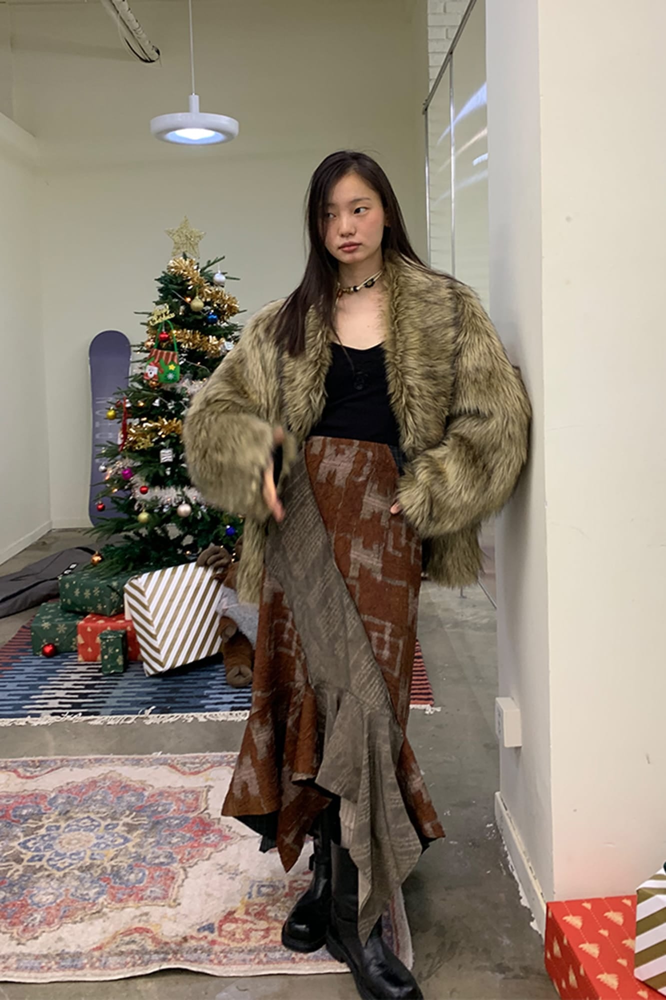 NEVERSEEZ Retro Spliced Print Flounce Midi Skirt