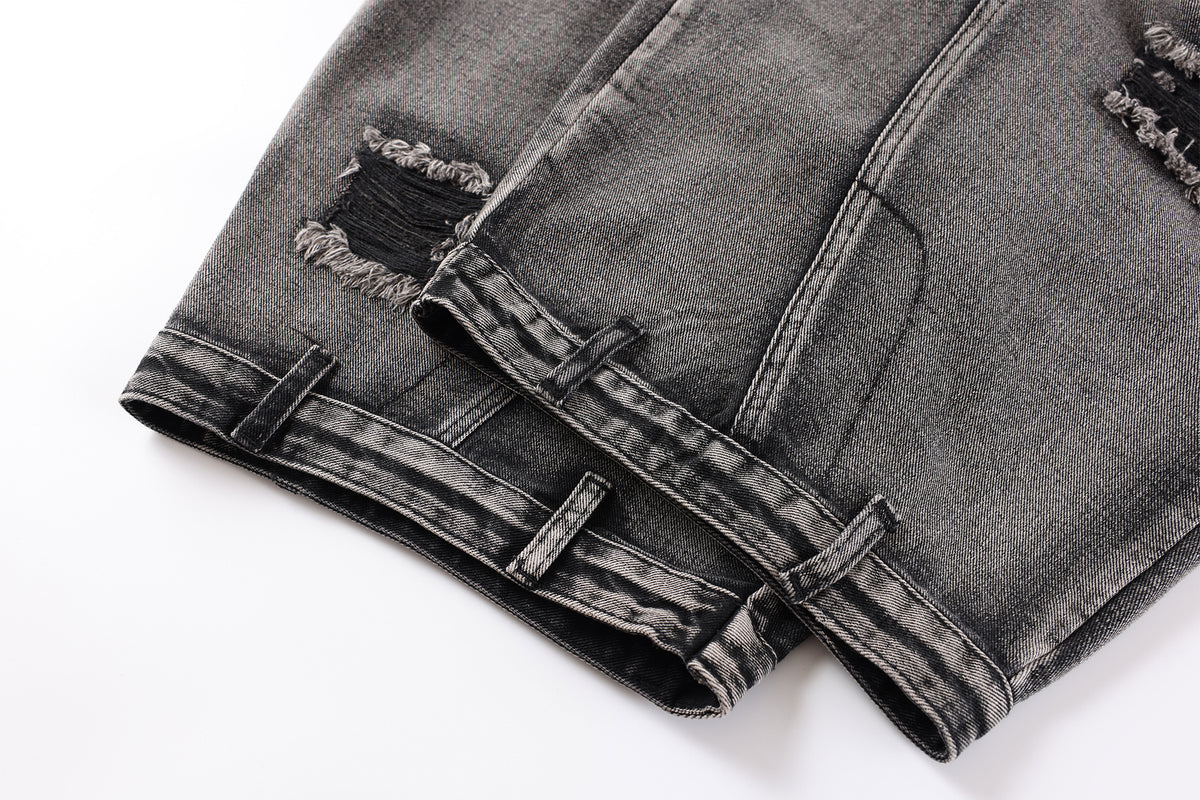 FREE CENTER Distressed Washed Curve Wide-Leg Jeans