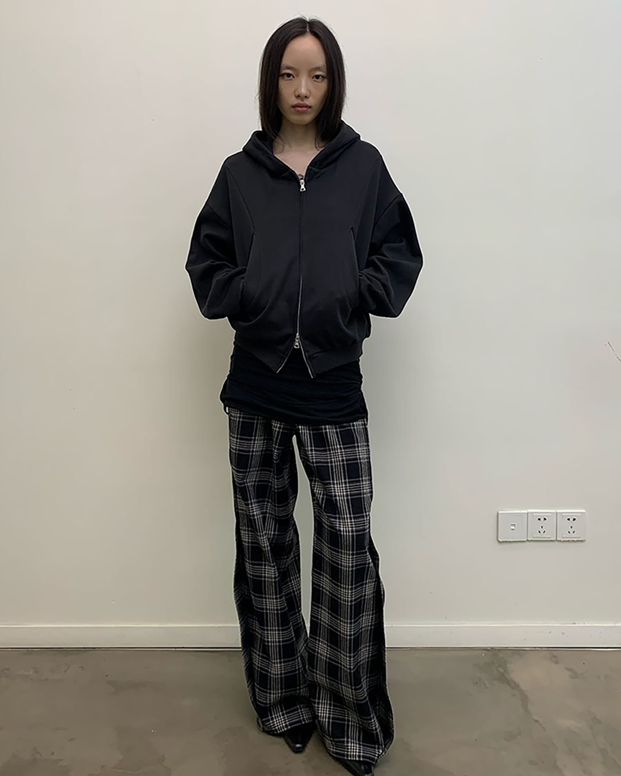 NEVERSEEZ Plaid Ribbed Waist Straight-Leg Pants