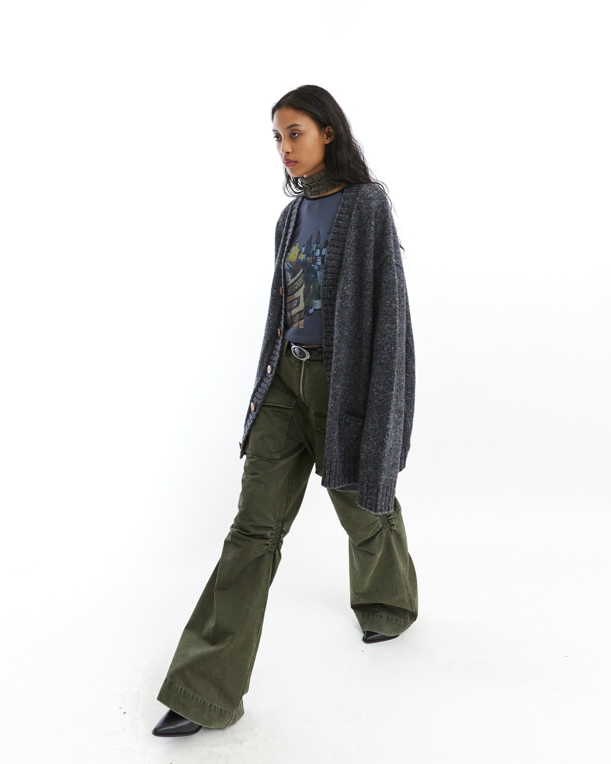 NEVERSEEZ Distressed Ruched-Knee Flared Cargo Pants